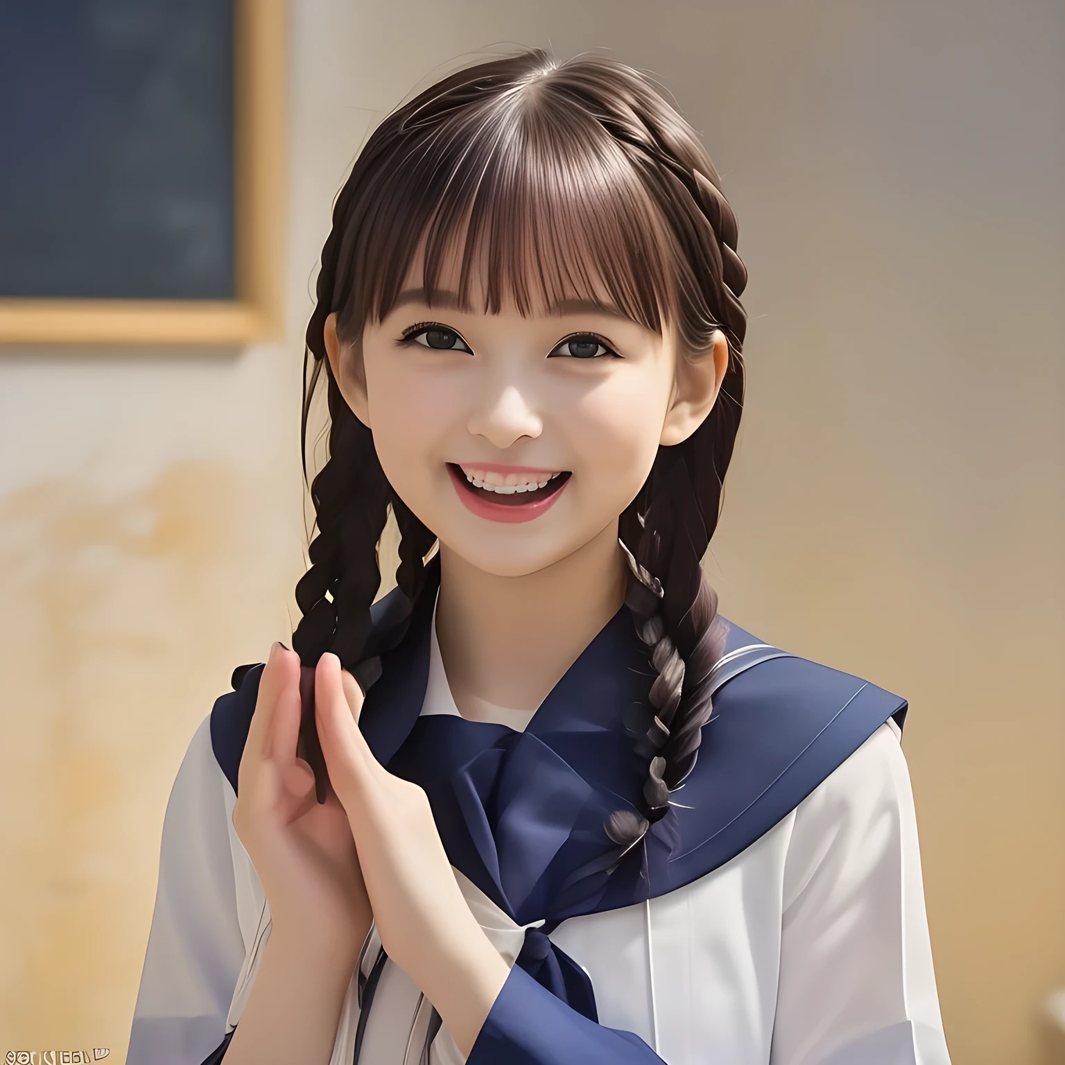 (highest quality, masterpiece, clearly detailed:1.5), highest quality, High resolution, 1080p, 8K, (Too beautiful, ((meek & conservative)) sweet ((beautiful girlish and Evolved with grace)), Epitome of maidenly decorum, ((Too much beloved)) noble grown beautiful beautiful girl with detailed, 155cm height, ((svelte silhouette)), Cloistered beauty, lewd mind, giving too much pleasure to my sensitive body's tip covered with beautiful hands and fingers, spoiling me by pleasure with detailed: 1.7), (laughing white face with unreal angelic beauty, overflowing with translucence: 1.8), (Pristine blue uniform, (Neatest (navy colored) sailor-style school uniform, navy sailor collar, shiny-blue sailor scarf, with detailed): 1.8), (Too beautiful dreamy eyes and neatness charm the viewer), (Giggling cohort background with many white lovely marks, clearly detailed foreground, with most beautifully detailed: 1.9), ((purity and neatness of pristine uniform is very impressing): 1.8), (focus on her internal mind: 1.9), (Beautiful brown eyes), (shiny black soft twin-braids styled hair ((in accordance with school rigid regulations)), bangs trimmed carefully, neat tight braids of school style: 2.0), (her very fluttering high-tone voice tell me to give her everything like too sweet aphrodisiac trembles me: 1.4), (I can't stop discharging and draining my every liquid to her by the beauty and pleasure, she enjoys about it and improves it: 2.0)