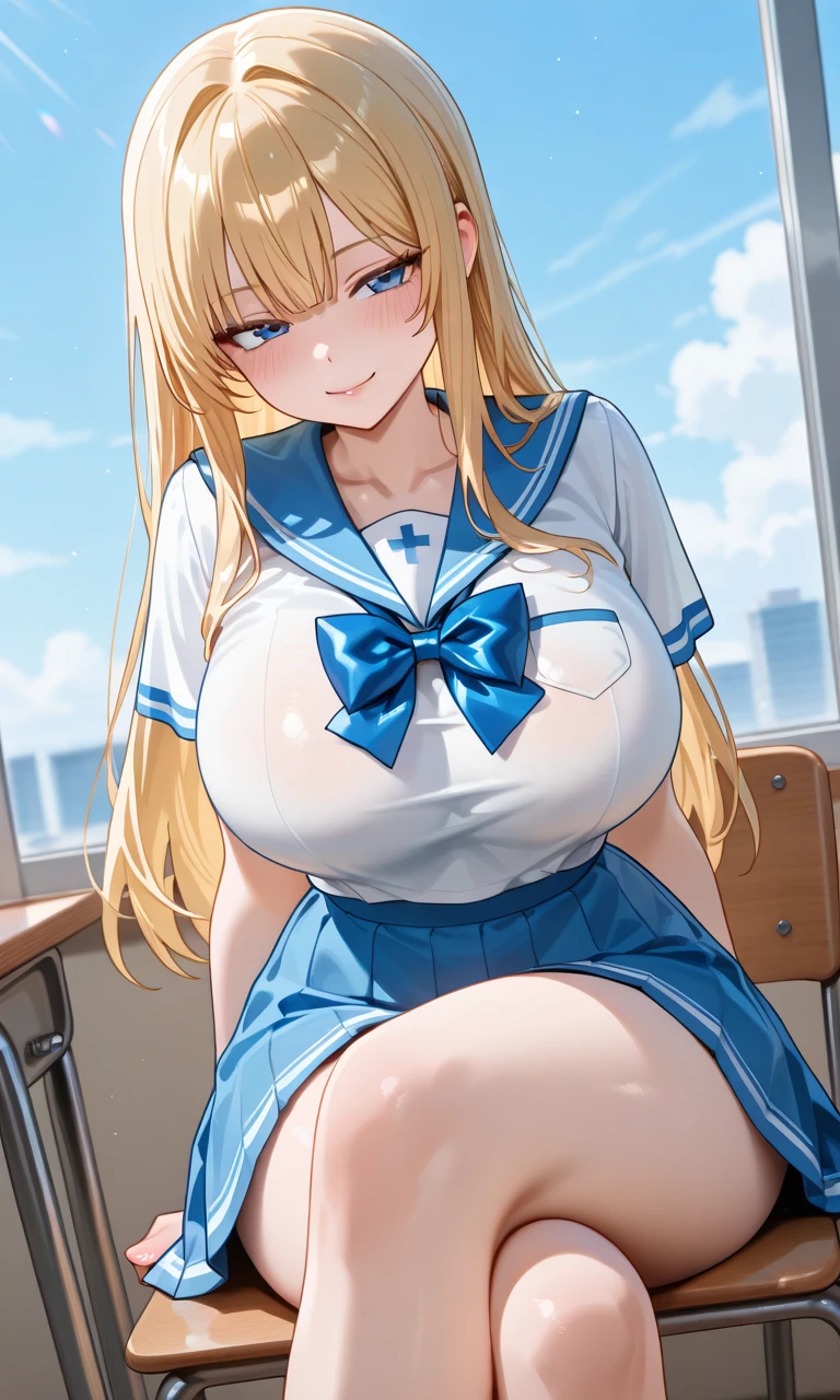masterpiece, best quality, 8k, complete anatomy, Japanese female, blonde hair, (big breasts:1.4), high-school uniform, white short sleeve shirt, blue striped tie, navy plaid skirt, baseball cap, big smile, in the stadium