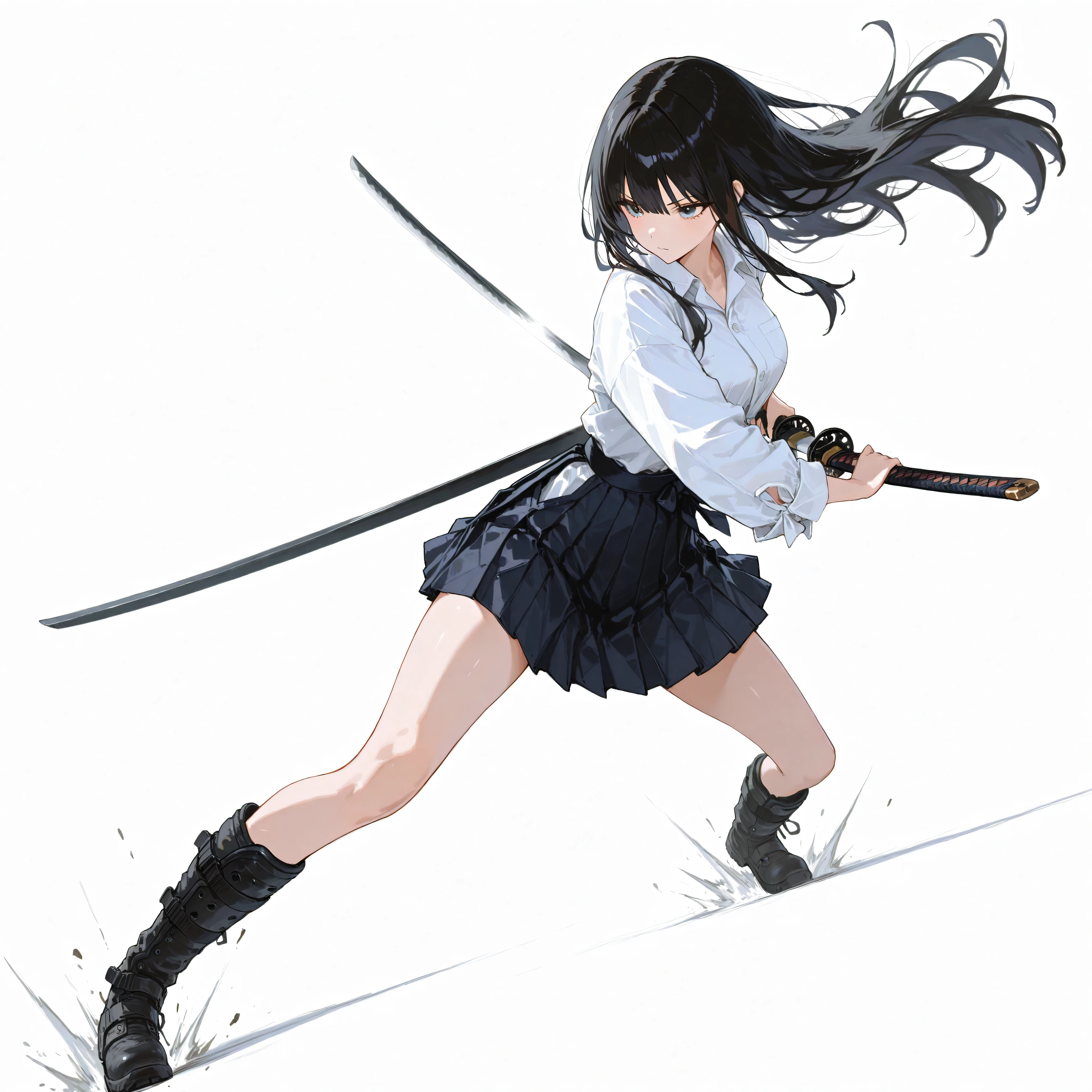 katana,Japanese woman wearing blouse shirt and miniskirt, Long Black Hair, , Disconnect, excessive pressure, pleated skirts reversed dynamically, Tactical Long Hard Boots, has Japanese swords , Pose, dynamic angle, Preparing for Battle, ダイナミックPose, random background, white background//uniform/