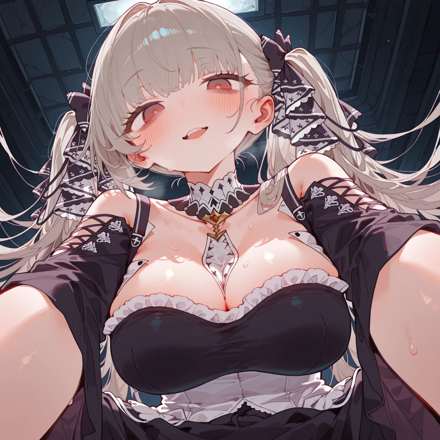 (masterpiece, best quality1.2),illustration,8k,hd,1girls,solo,hands up,(portrait:1.2),long_hair,large_breasts,red_eyes,very_long_hair,bangs,twintails,ribbon,grey_hair,cleavage,hair_ribbon,two-tone_ribbon,between_breasts,black_dress,dress,frills,bare_shoulders,frilled_dress,long_sleeves,two-tone_dress,jewelry,earrings,
