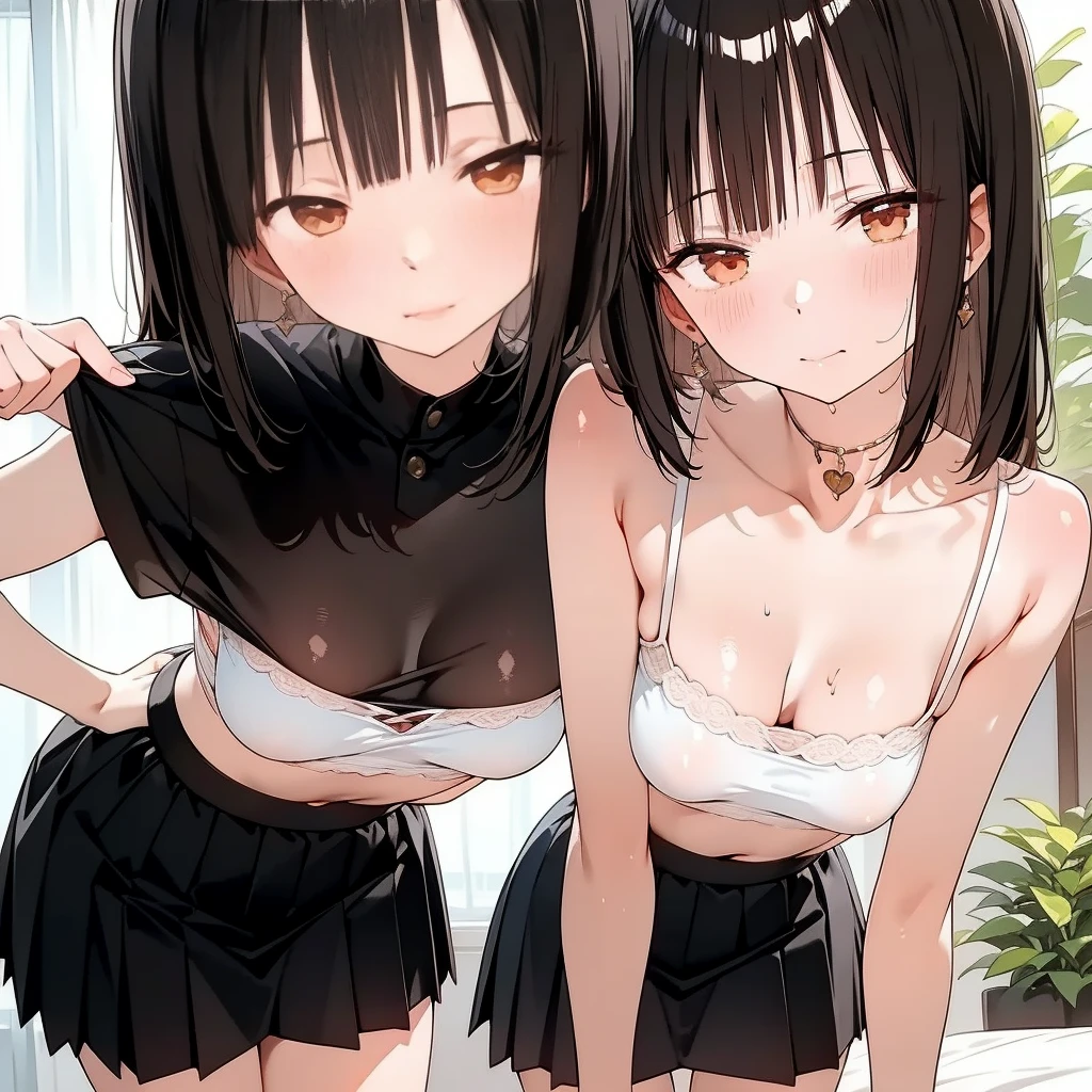 Hands Behind Back,Tied with hands behind back,from front,front view,looking at viewer, looking ahead,from above,cowboy shot,2girl,two people standing side by side,Beautiful 11 year old girl,Japanese,Slender,,low length,Small breasts,Thin legs,Small Ass,Baby Face,Small face,Black Hair,Row Twin Tails,Short Twin Tails,Drooping eyes,black eye,middle School girls,Sheer black and pink negligee,Sexy Lingerie,open mouth,Stick out tongue, saliva ,front face,Kneeling,Straight Stand,Beautiful and detailed anime art,Embarrassed,Sexy vibe,cum on tongue,Dimly lit room,On the bed,Simple Background,Gray background,Low lighting,
