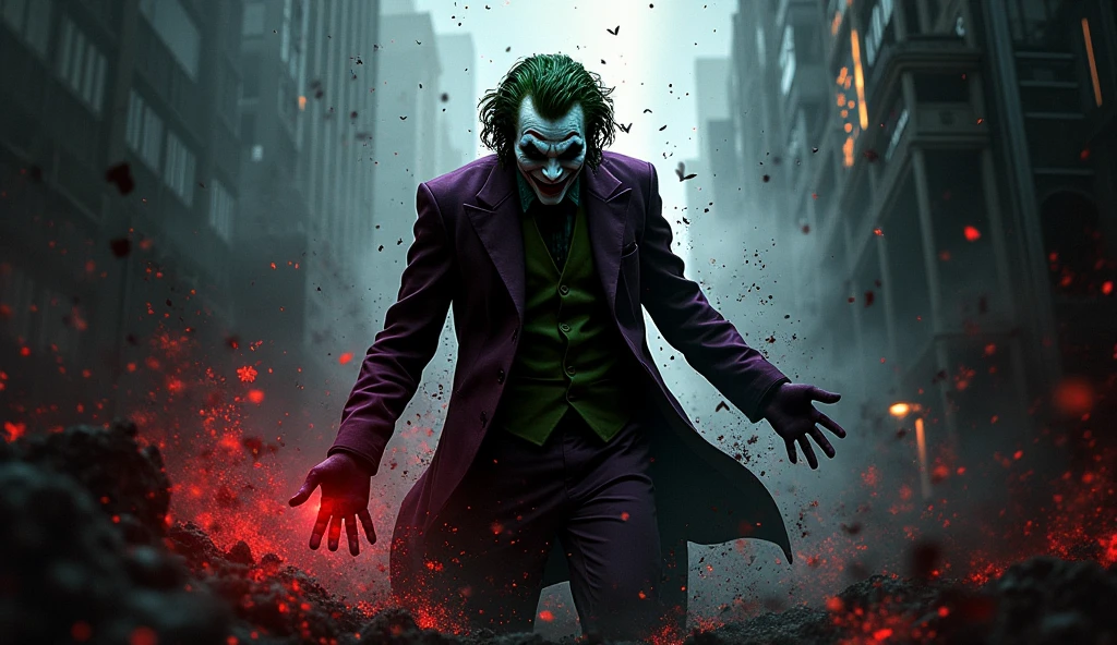 a captivating dark fantasy image of Raging Anger Spawned Undead Joker in the heart of Gotham City. The ominous sky, the dark glow, and the chaotic cityscape will come together to evoke a sense of otherworldly menace