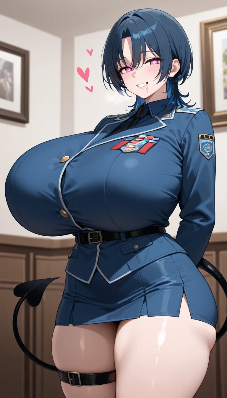 (high quality, High resolution, Fine details,Realistic), alley, Police uniform, Police hat, alone, Curvaceous mature woman, Purple Hair, Sparkling eyes, (Fine grain:1.2), smile, Eyelash-emphasizing makeup,blush, Sweat, Oily skin, Soft tone, Shallow depth of field