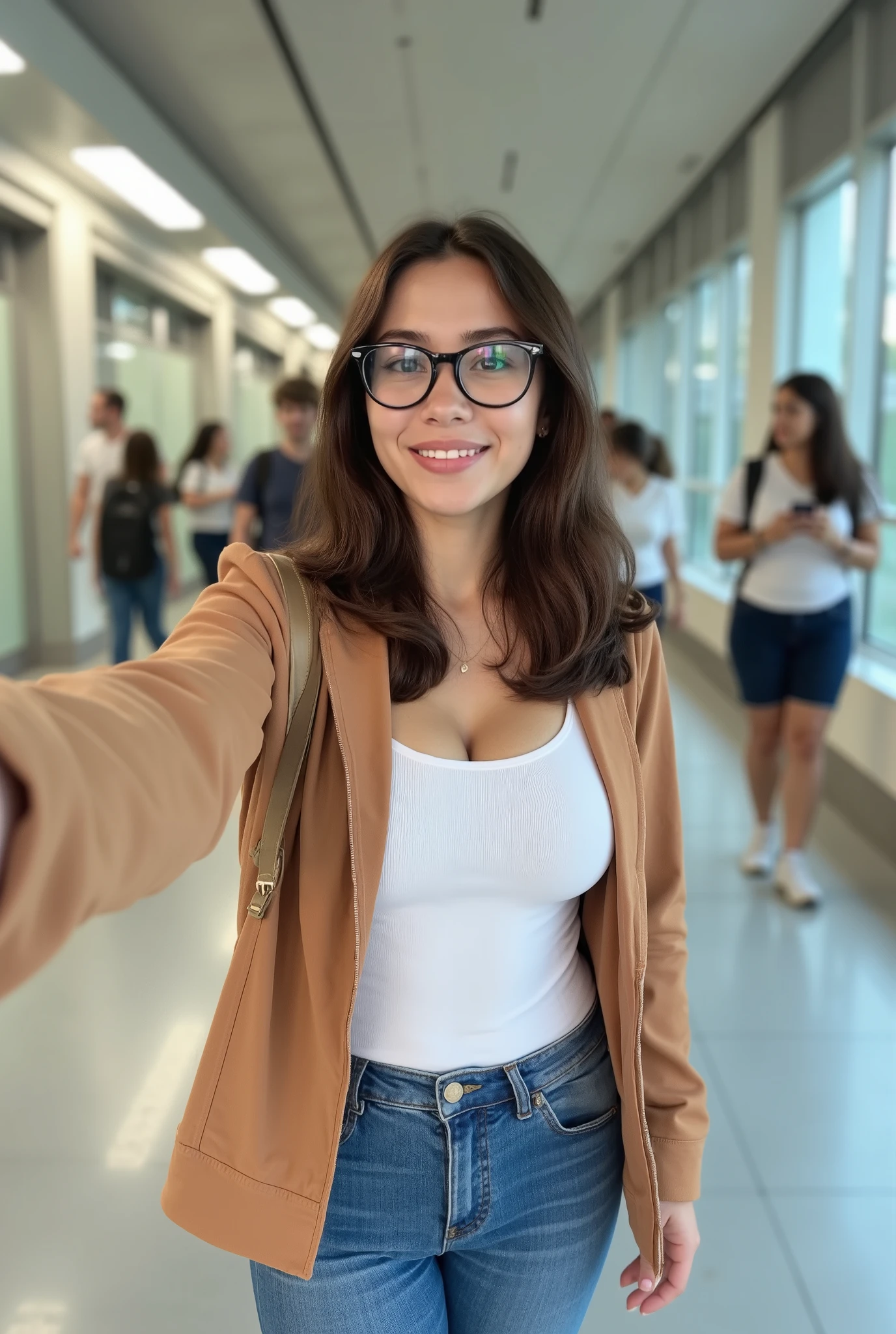 POV selfie perspective of a Brazilian young woman, 18 years old, taking a selfie while walking in a modern university corridor. She has a slim build, medium-length wavy brunette hair, light brown skin, and is wearing stylish black-framed glasses, a light brown casual jacket, white shirt, and blue jeans. She has a light smile and is looking directly at the camera. One of her arms is extended slightly forward, as if holding a phone, but the phone is not visible in the frame. The background shows a bright corridor with glass windows and a few blurred students walking behind her. Natural daylight, realistic selfie style, slightly blurred background (shallow depth of field), vibrant and academic atmosphere, professional, 4k, Highly detailed dynamic lighting, photorealistic, 8K, raw, rico, intricate details , desnuda,  