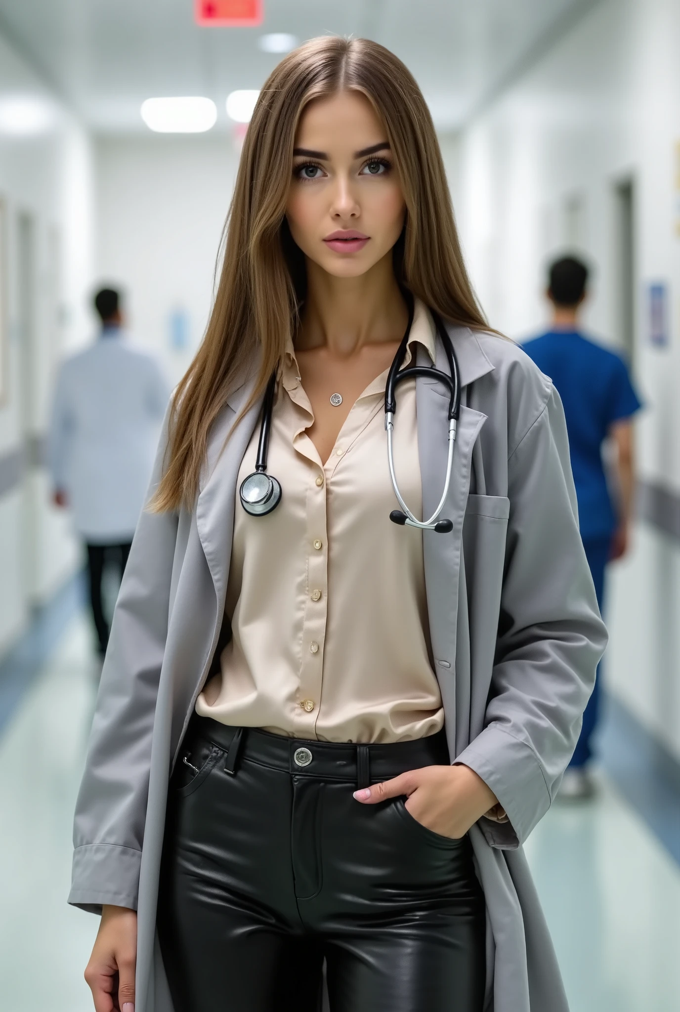 female doctor, light grey lab coat, straight hair, stethoscope around neck, champagne satin blouse, leather pants, hospital beackground