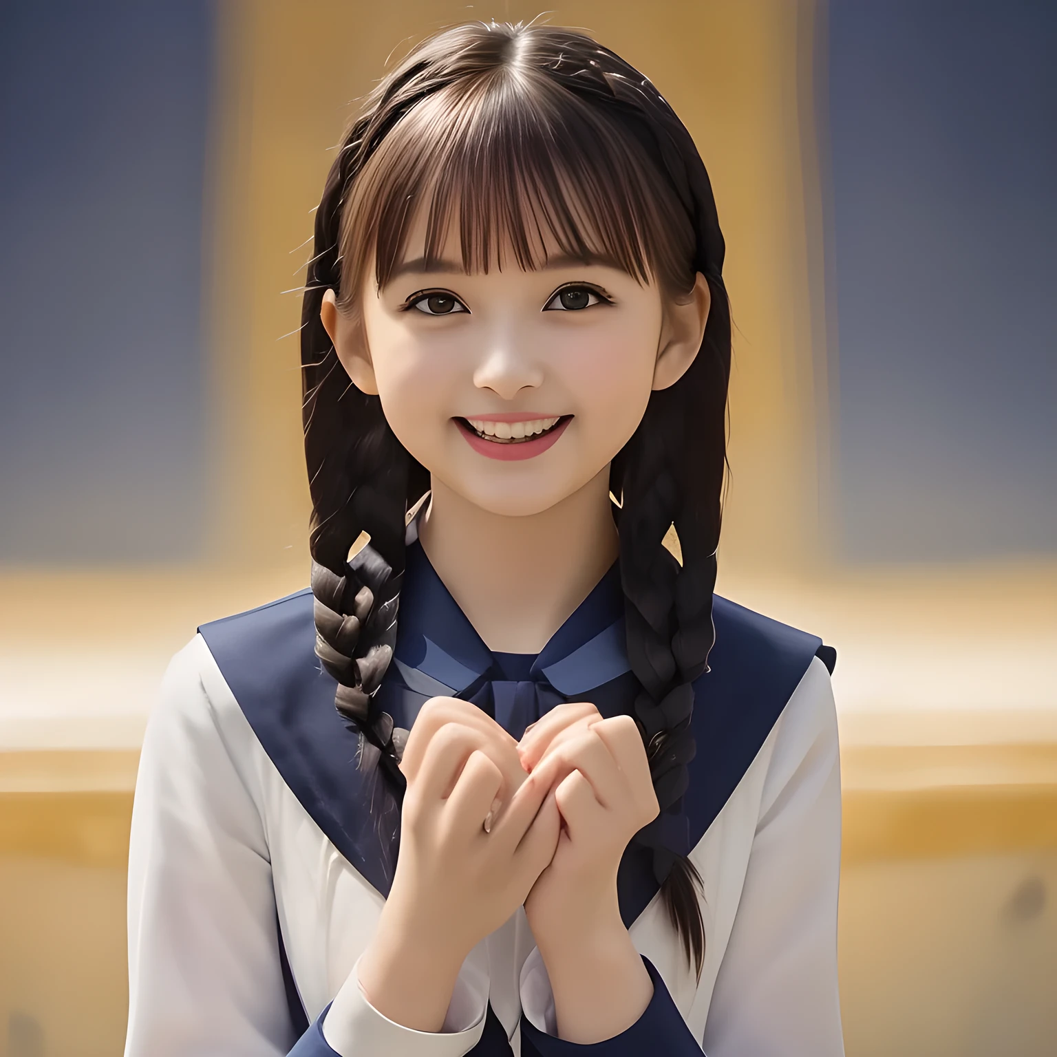 (highest quality, masterpiece, clearly detailed:1.5), highest quality, High resolution, 1080p, 8K, (Too beautiful, ((meek & conservative)) ((sweetest)) ((beautiful girlish and Evolved with grace)), Epitome of maidenly decorum, ((Too much beloved)) noble grown beautiful beautiful girl with detailed, 155cm height, ((svelte silhouette)), Cloistered beauty, lewd mind, giving too much pleasure to my sensitive body's tip covered with beautiful hands and fingers, spoiling me by pleasure with detailed: 1.7), (laughing white face with unreal angelic beauty, overflowing with translucence: 1.8), (Pristine blue uniform, (Neatest (navy colored) sailor-style school uniform, navy sailor collar, shiny-blue sailor scarf, with detailed): 1.8), (Too beautiful dreamy eyes and neatness charm the viewer), (Giggling cohort background with many white lovely marks, clearly detailed foreground, with most beautifully detailed: 1.9), ((purity and neatness of pristine uniform is very impressing): 1.8), (focus on her internal mind: 1.9), (Beautiful brown eyes), (shiny black soft twin-braids styled hair ((in accordance with school rigid regulations)), bangs trimmed carefully, neat tight braids of school style: 2.0), (her very fluttering high-tone voice tell me to give her everything like too sweet aphrodisiac trembles me: 1.4), (I can't stop discharging and draining my every liquid to her by the beauty and pleasure, she enjoys about it and improves it: 2.0)