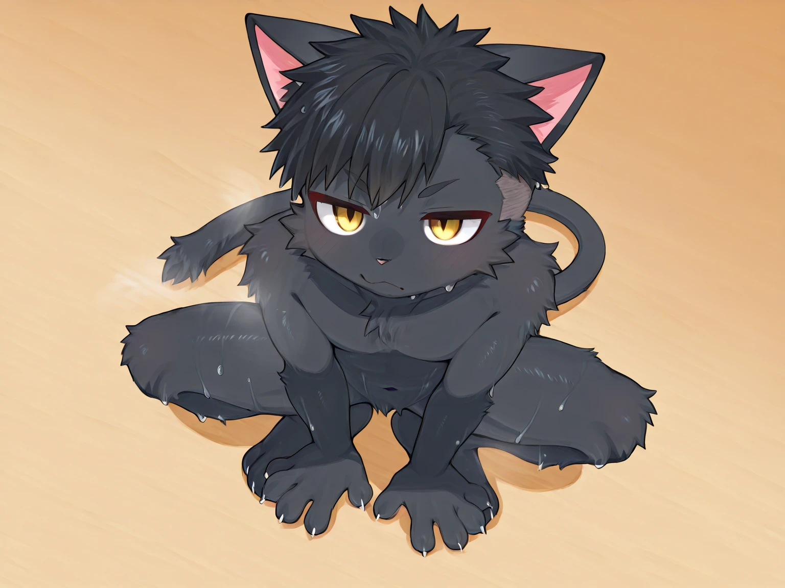 black cat kemoshota, tail, slave, punishment, teardrops, dynamic angle