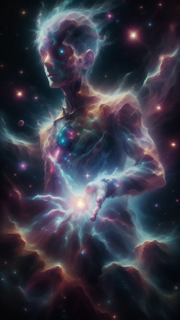 martius_nebula beautiful bright proton sorceress cosmic hand, Making his hands in space, A nebula as a book, Nebula Hand Martius_nebula beautiful bright proton magician martius_A cyborg warrior imbued with nebula lightning, black cloak.
