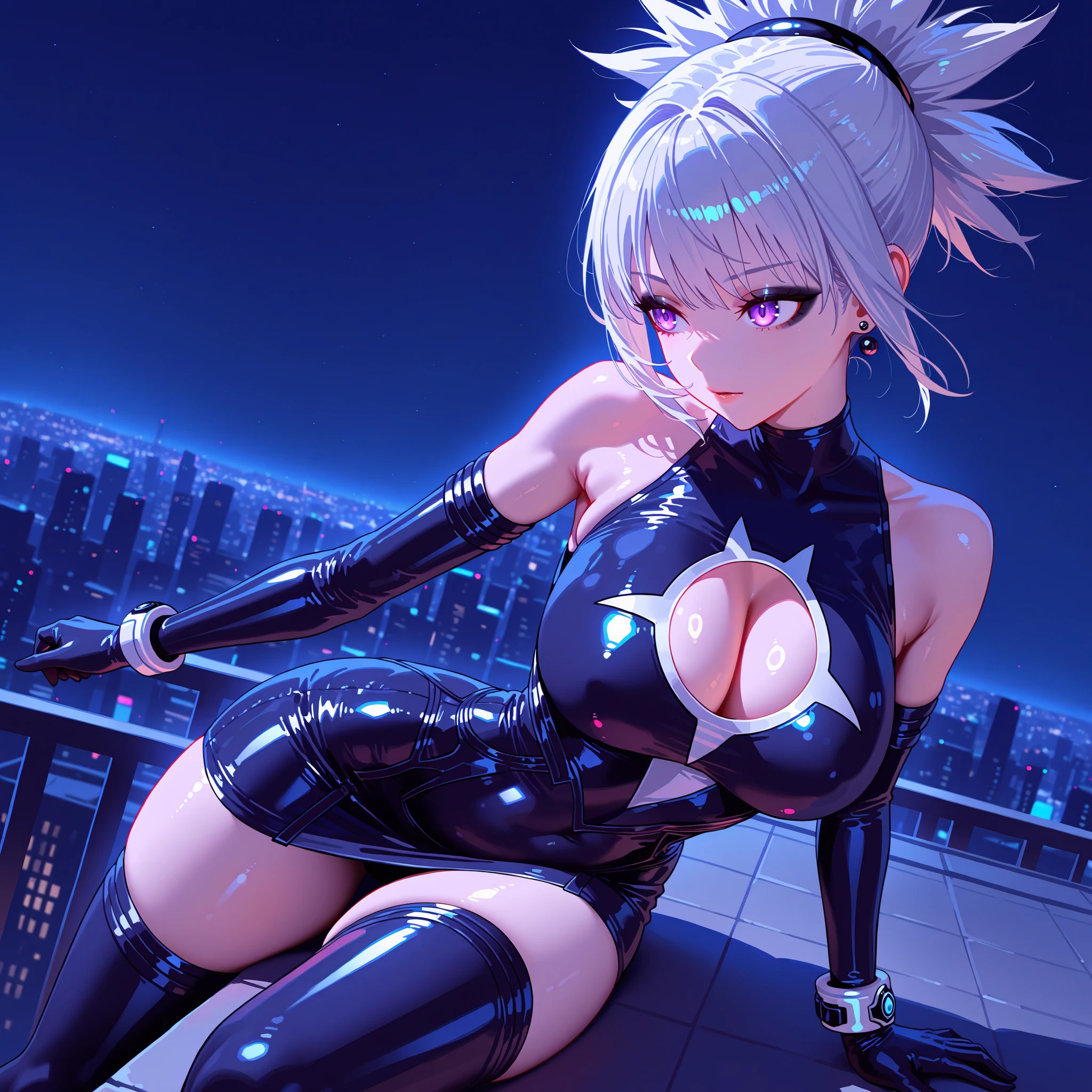 Highest quality、8K、(Bunny girl)、Plain black stockings、High heels、Black enamel bunny suit、View Viewer、Angle from the back、W-Sitting、smile、Futuristic Living Room、indirect lighting、Room with houseplants、From the window you can see the valley between the city buildings、Night view、Silver short hair、Beautiful eyes、Beautiful Face、Delicate eyes

