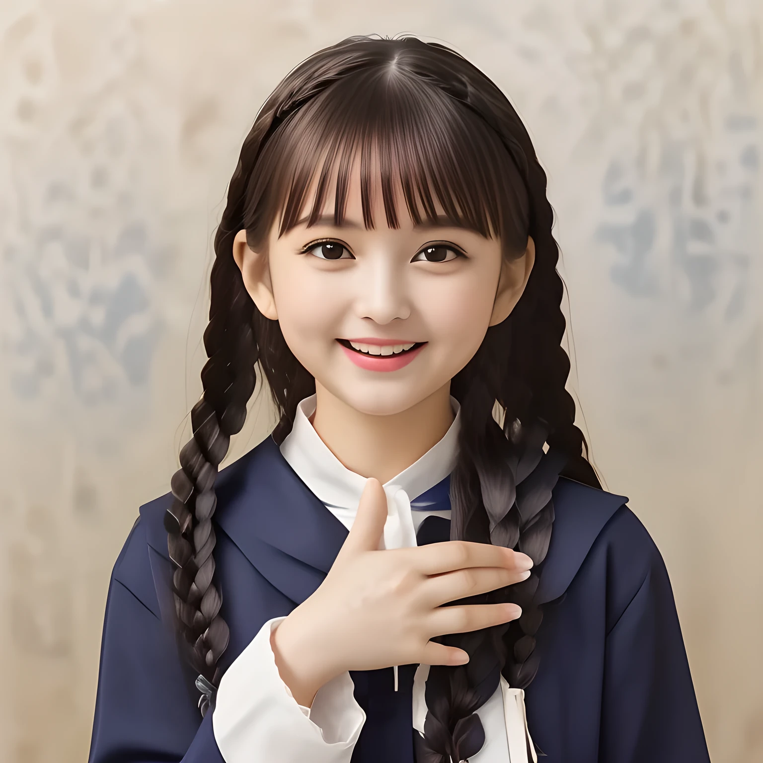 (highest quality, masterpiece, clearly detailed:1.5), highest quality, High resolution, 1080p, 8K, (Too beautiful and Kawaii, ((meek & conservative)) ((sweetest and cutest)) ((beautiful girlish and Evolved with grace)), Epitome of maidenly decorum, ((Too much beloved)) noble grown beautiful beautiful girl with detailed, 155cm height, ((svelte silhouette)), Cloistered beauty, lewd mind, giving too much pleasure to my sensitive body's tip covered with beautiful hands and fingers, spoiling me by pleasure with detailed: 1.7), (laughing white face with unreal angelic beauty, overflowing with translucence: 1.8), (Pristine blue uniform, (Neatest (navy colored) sailor-style school uniform, navy sailor collar, shiny-blue sailor scarf, with detailed): 1.8), (Too beautiful dreamy eyes and neatness charm the viewer), (Giggling cohort background with many white lovely marks, clearly detailed foreground, with most beautifully detailed: 1.9), ((purity and neatness of pristine uniform is very impressing): 1.8), (focus on her internal mind: 1.9), (Beautiful brown eyes), (shiny black soft twin-braids styled hair ((in accordance with school rigid regulations)), bangs trimmed carefully, neat tight braids of school style: 2.0), (her very fluttering high-tone voice tell me to give her everything like too sweet aphrodisiac trembles me: 1.4), (I can't stop discharging and draining my every liquid to her by the beauty and pleasure, she enjoys about it and improves it: 2.0)