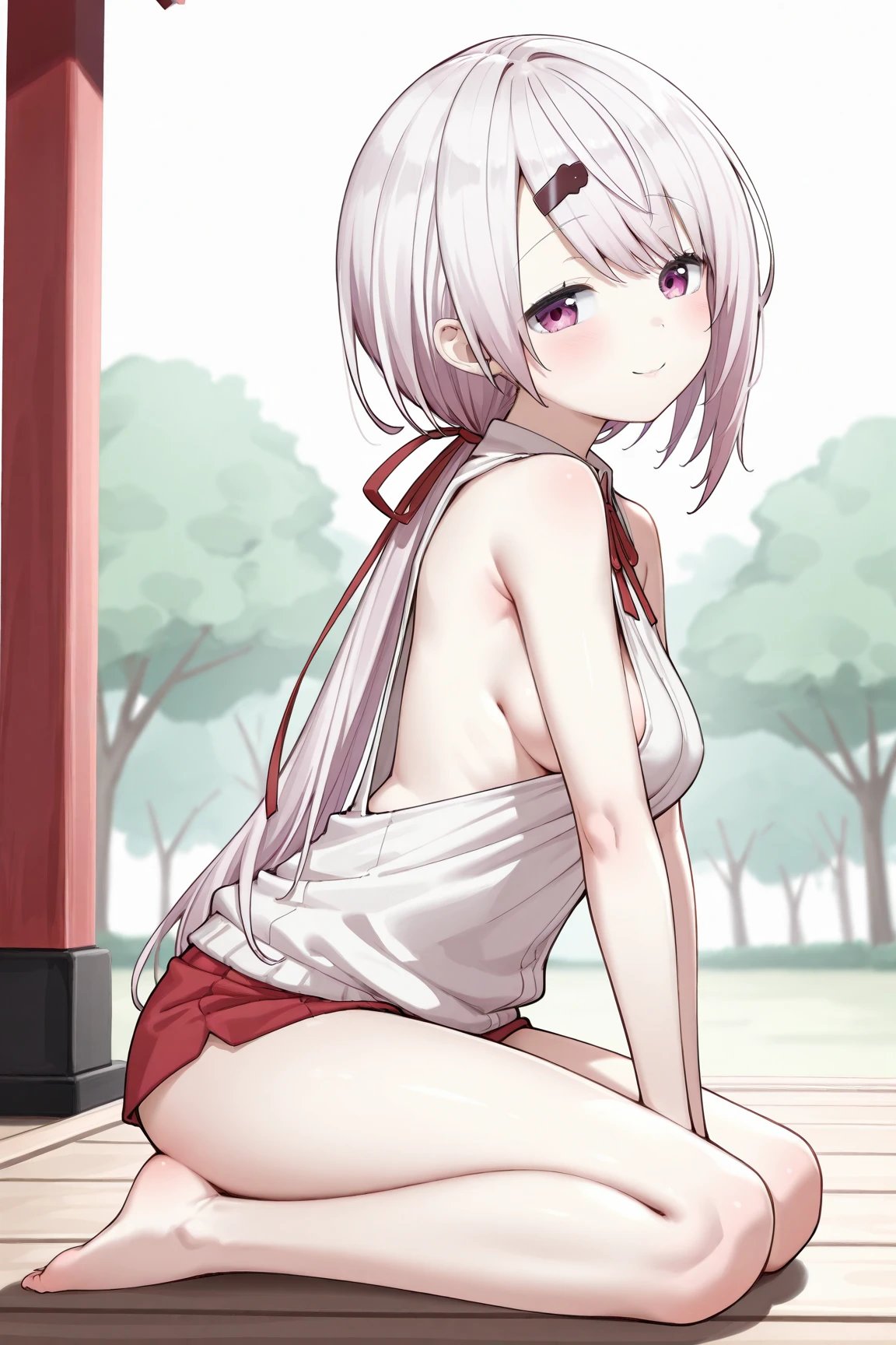 ((Naked))、(Pussy and pubic hair visible)、(Small breasts and visible nipples)、Highest quality、Tabletop、One Girl、Platinum Blonde、Bob Hair、Red ribbon、In close range、blush、Kamimei、Staring at this、Cute anime illustrations、 outside