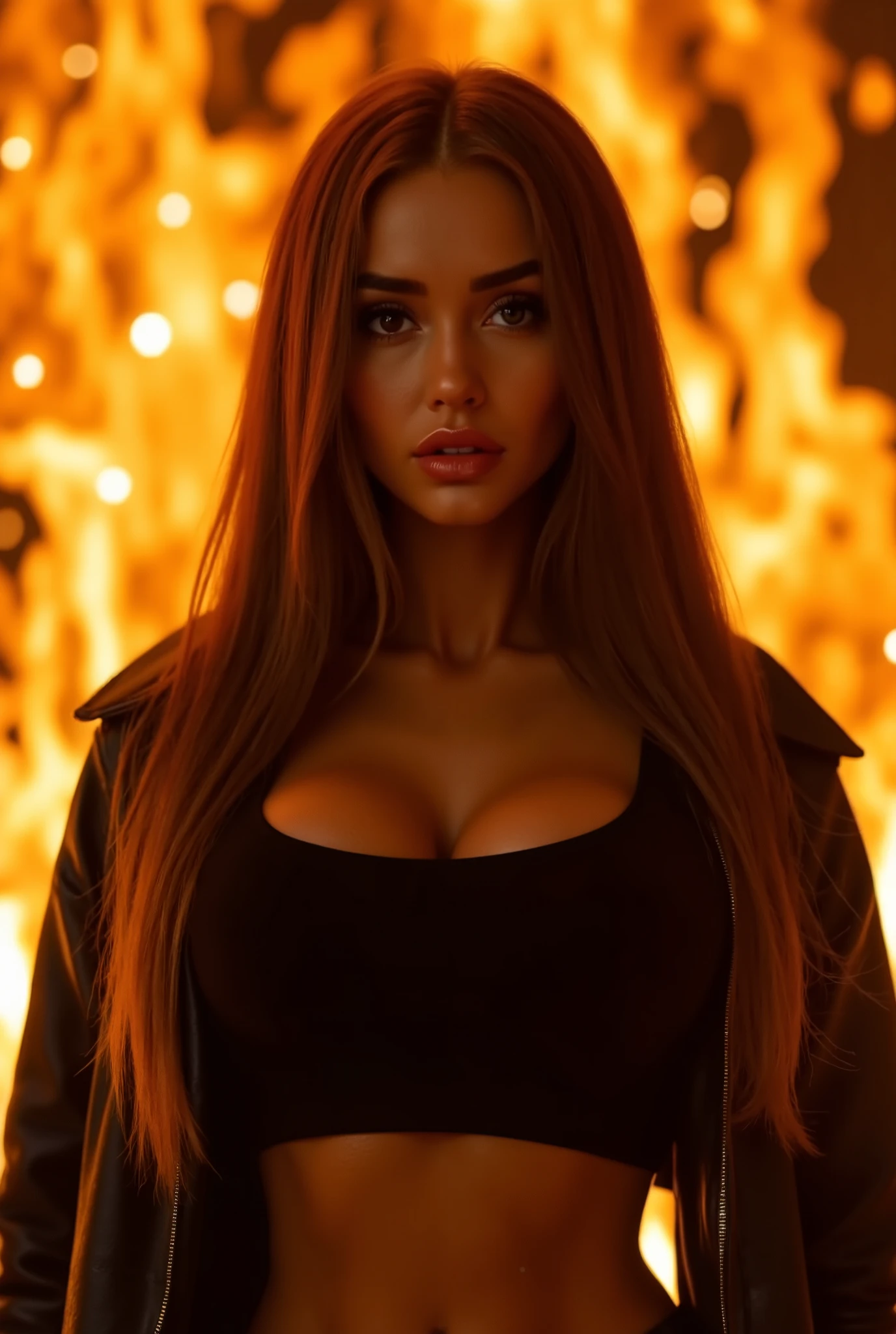 masterpiece、 High Quality 、realistic、original lighting 、meticulous、(warm color、Bokeh、firefly) BREAK Flame background 。 (from the side:0.5),(from below:0.4),( Cowboy Shooter :2)。 1 woman,solo,Natural breasts,long straight hair, Natural skin , textured skin,Glowing skin, Curved Beautiful body 。 leather jacket,Crop top vest,Chest ,cleavage。 looking at you, Attractive eye rest Detailed background, dynamic angle, volume lighting ,godray