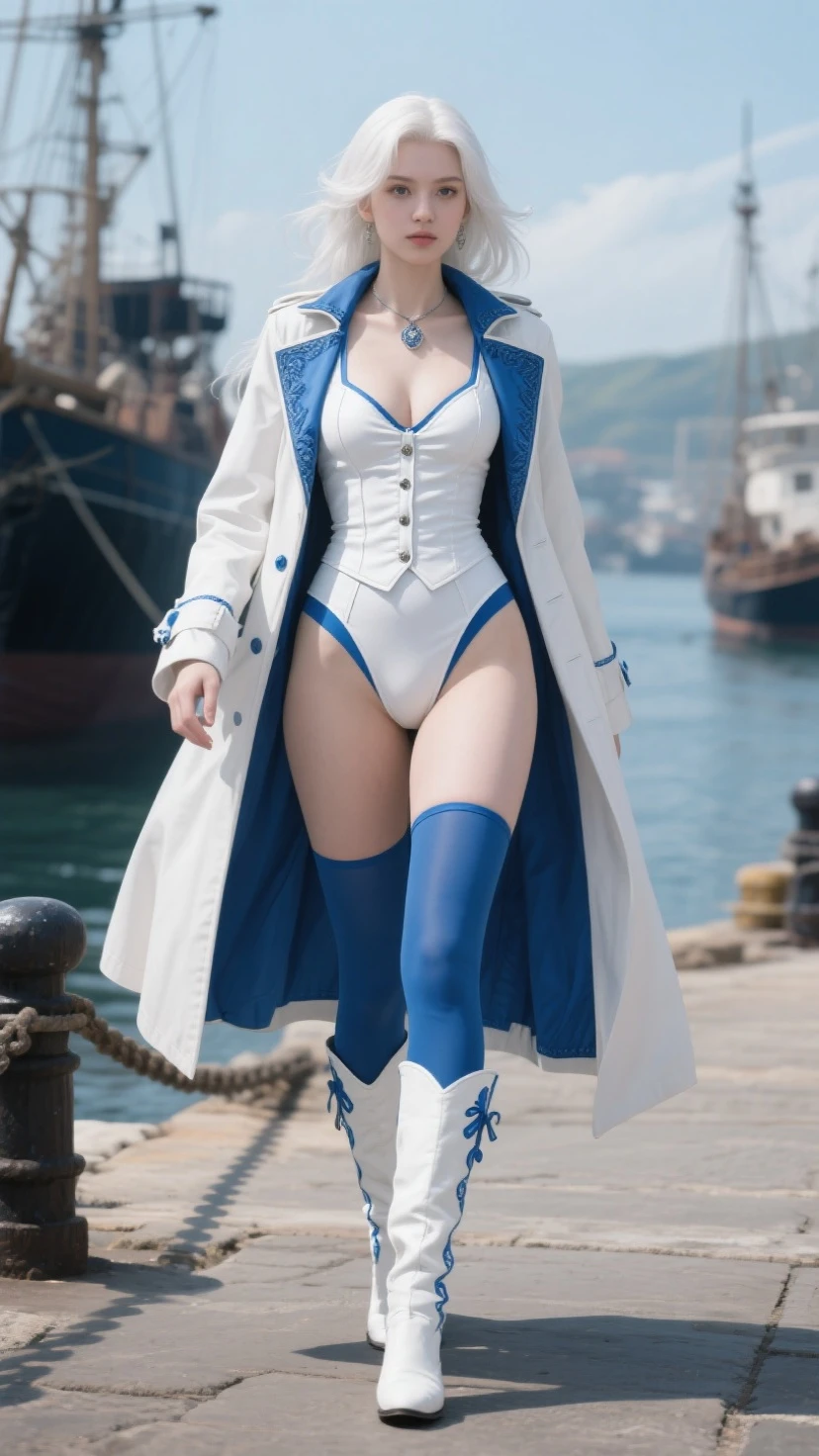 Photography Award, masterpiece, Blue Hair, blue eyes, Reality, high resolution, Soft Light, brooch, Waist bow, Colorful hair， Open clothes, water, underwater, ocean, Single skirt, Thigh straps, Fox Girl，Huge breasts，High heel，Fox Girl，Huge breasts，High heel