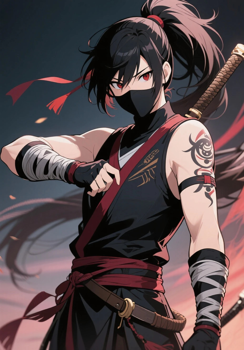 Sasuke Uchiha from 'Naruto' in high quality, with a personalized and creative touch. Show it off in a powerful pose, wielding his Kusanagi sword with Chidori electricity surrounding him. Capture seus olhos Sharingan e Rinnegan, highlighting the contrast between the two. Dress him up in a custom mix of your classic and modern outfits, incorporating elements of ninja armor with unique details.Add a dynamic scenario, like a devastated battlefield or a mystical environment, with lightning in the sky and debris floating. Use light and shadow effects to highlight Sasuke's intensity and duality, emphasizing your power and determination. Include small details that reflect your journey and growth, as subtle battle marks and symbols of his Uchiha lineage