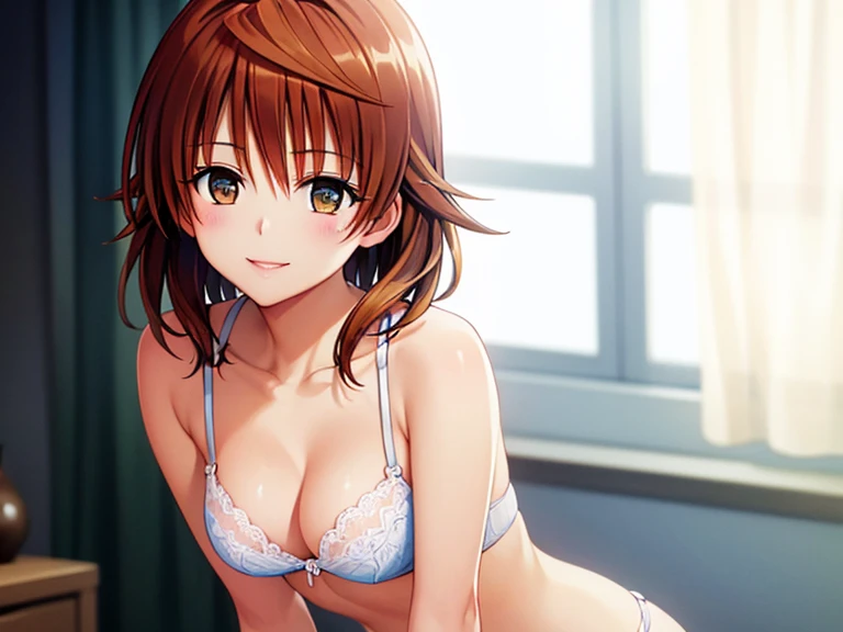 1girl, solo, looking at viewer, blush, short hair, cleavage, hair between eyes, bare shoulders, jewelry, medium, purple eyes, collarbone, upper body, purple hair, sleeveless, nail polish, sweatdrop, bracelet, lips, fingernails, crossed arms, spiked hair, purple nails, spaghetti strap, tile wall, ts