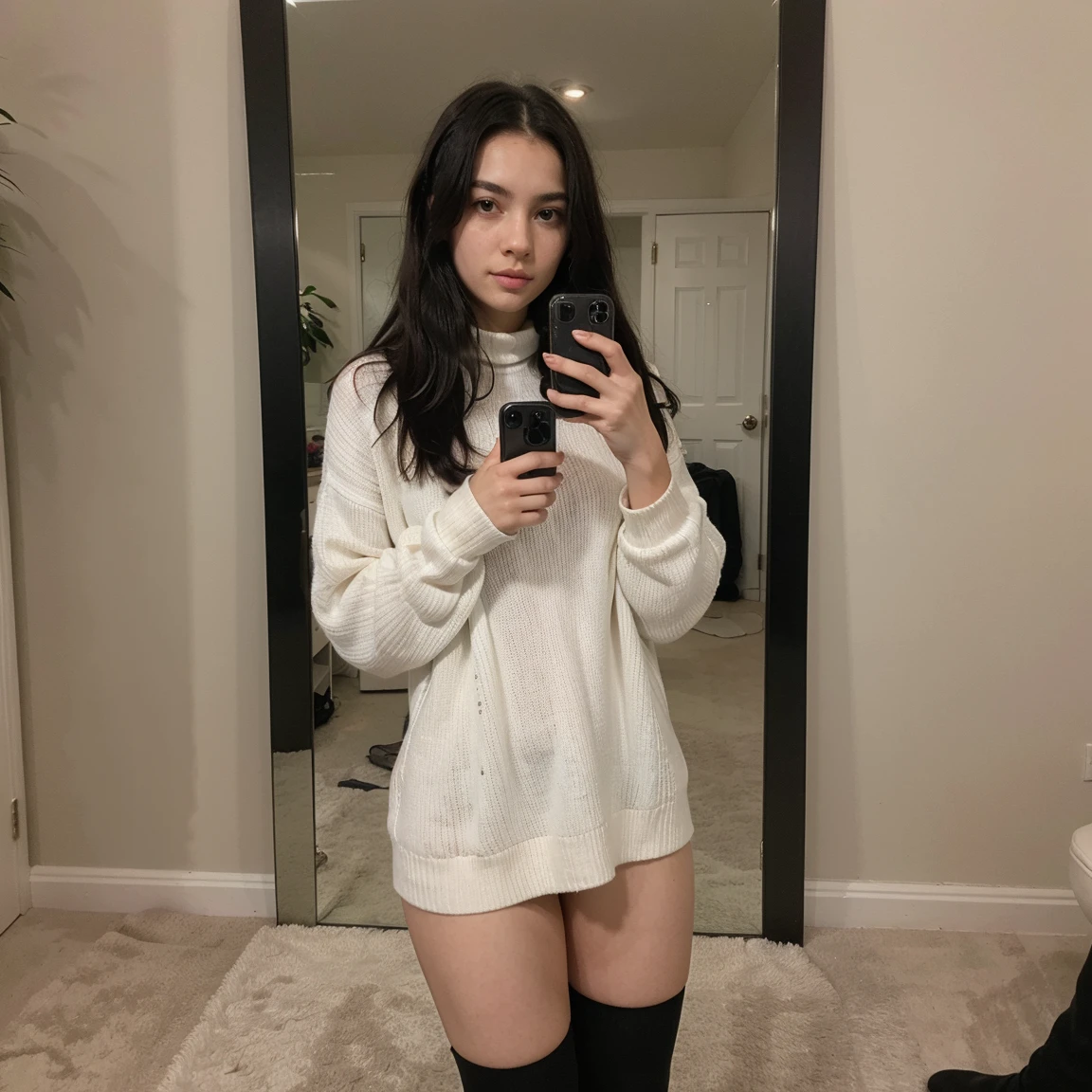 there is a woman sitting on the floor taking a photo, Instagram Template, long white stockings, Pretty face with arms and legs, 18 years, thighs and skirt, sexy look at the camera, sexy look, with long hair and piercing eyes, 19 year old girl, black haired girl with hoodie, chica sexy
