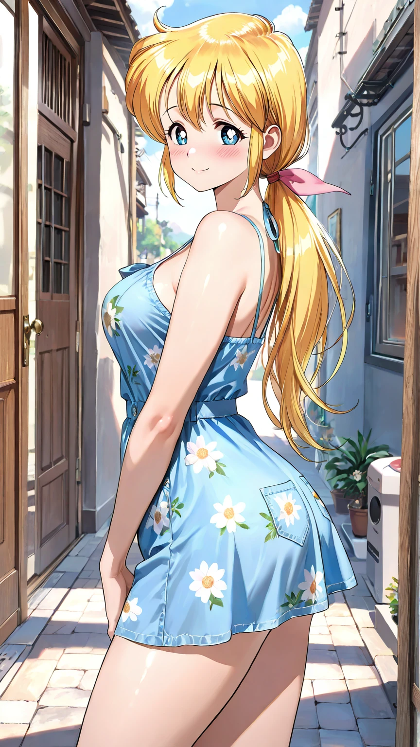 A young girl, blonde hair in pigtails, slim body, big breasts, wearing a short blue flowered dress, discreet smile,