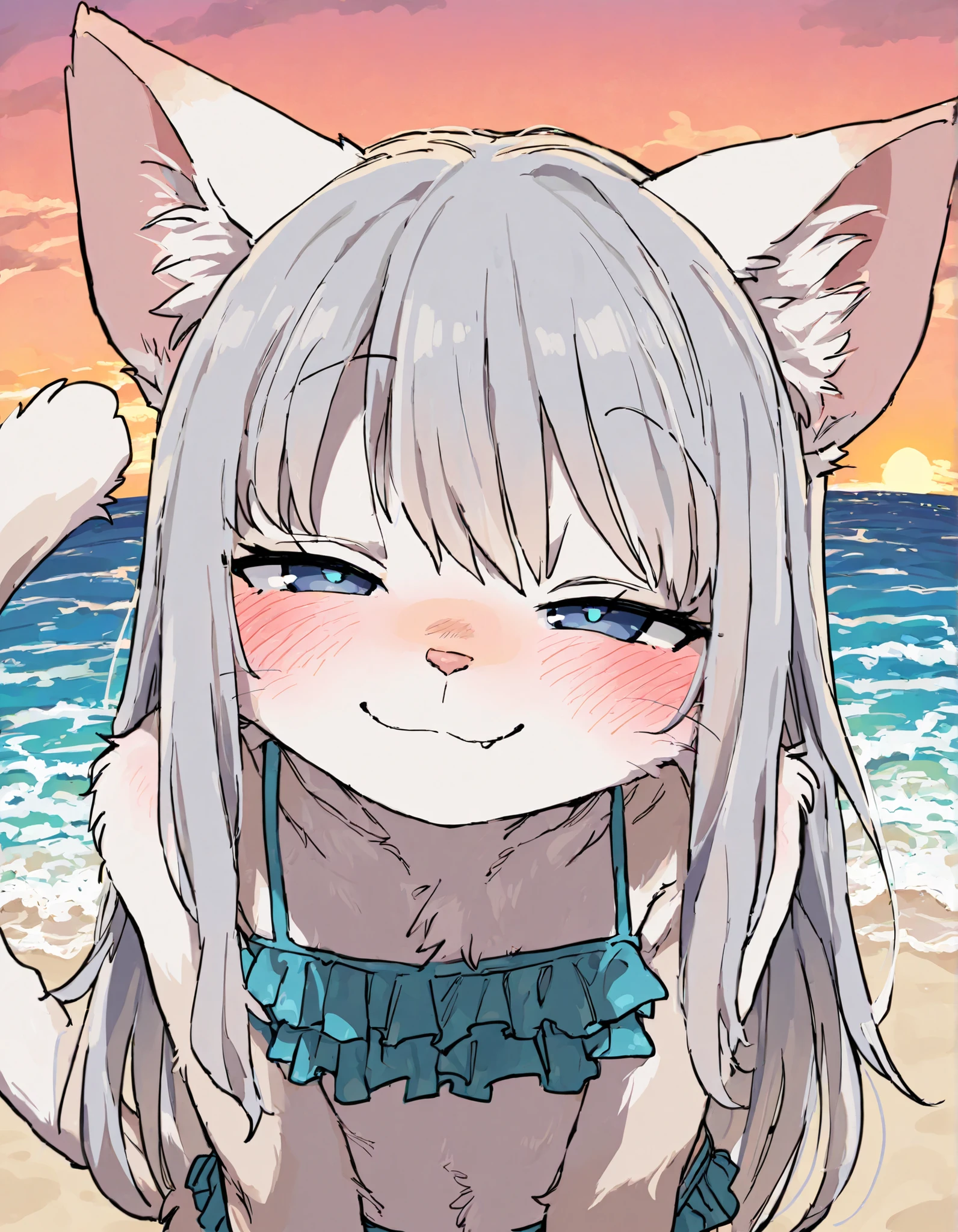 masterpiece, best quality, amazing quality, very aesthetic, high resolution, ultra-detailed, absurdres, newest, detailed fur, 5 fingers,
furry, cat, animal ears, tail, bodyfur, 1girl, upper body, solo, long hair, gray hair, white fur, blue eye, blush, frilled bikini, looking at viewer, smile, cute, blush, ocean, beach, dusk, close-up, tail, from above, face focus, dusk, narrowed eyes, leaning forward,