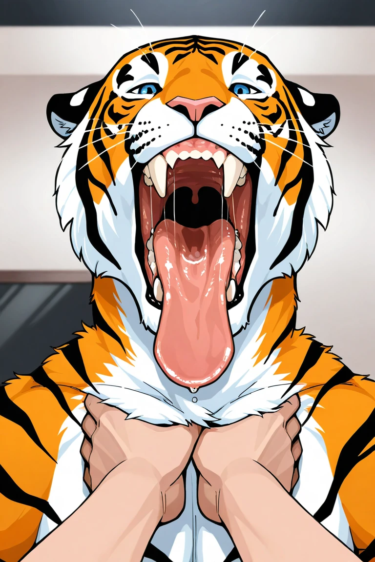 Tiger，Gay，blush，Sweat，Handsome，erection，big horse penis，Super big，pubic hair，Big ball，Deep Throat，Lick the viewer，Service，Cum in mouth，Cum on face