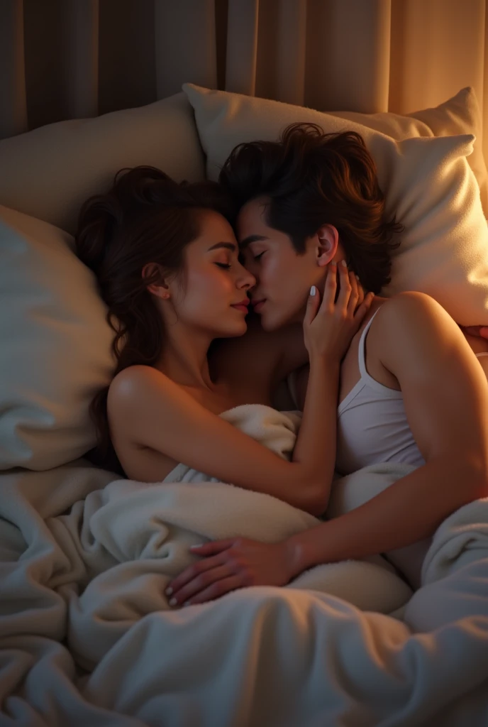 A 20-year-old man and a 1 woman next to him,and the two of them lying on a bed