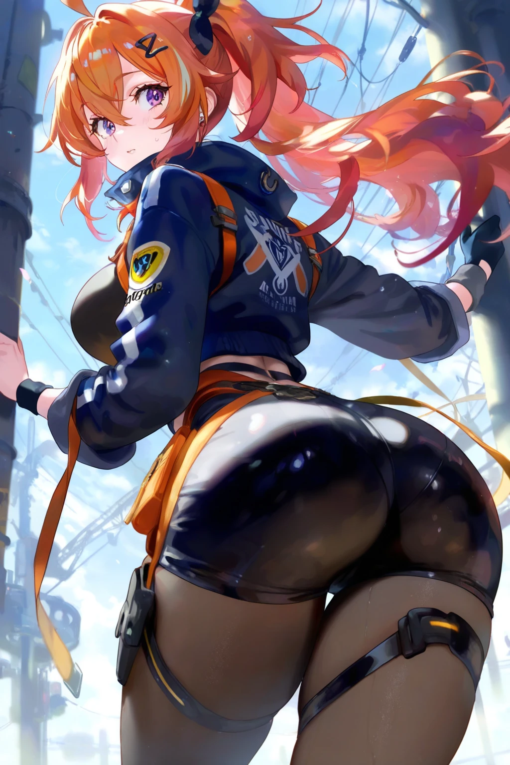 1girl, solo, detailed face, detailed eyes, red hair, long ponytail, white eye, serious, eyepatch, standing, huge breasts, huge ass, wide hips, black jacket, jeans, arched back, ass focus, outdoors, city, spread legs