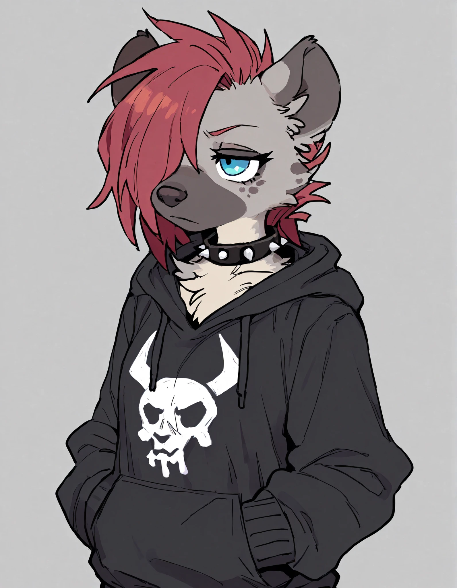 ,, 1girl, solo, anthro hyena, furry, furry female, blue eyes, punk, grey fur, black hoodie, breast, spike collar, red hair,