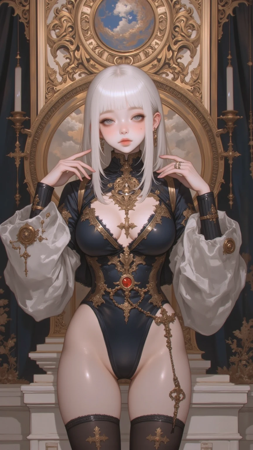 score_9, score_8_up, score_7_up, score_6_up, source_oil_painting, futanari, solo, black background, steam floating, space, doll joints, android, queen, saggy_breasts, golden black nails, black dress, faceless