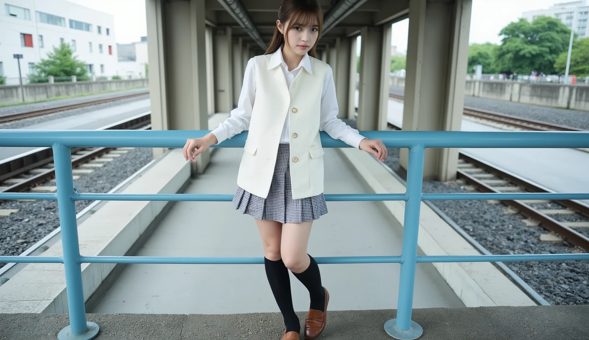 A person standing with their back to the camera, wearing a white vest, white long-sleeved shirt, pleated checkered skirt, black knee-high socks, and brown loafers, under an elevated railway in an urban area of Japan. The person is leaning against a blue railing and looking down.