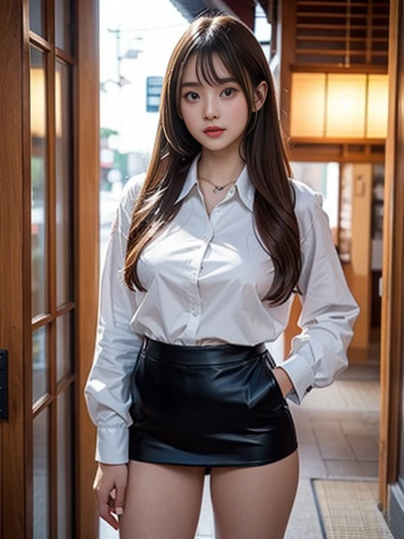 ((Highest quality, 8k)), ((masterpiece)), (Highest Resolution), Perfect Face, Raccoon-eared woman, Female college student, Beautiful woman, public, One tail, she has thick thighs, Big raccoon tail, She has a brown raccoon tail., She wags her tail, Troubled face, Fur collar, She is wearing a short skirt, Beautiful Hips , Big Breasts, The skirt is rolled up with a big tail