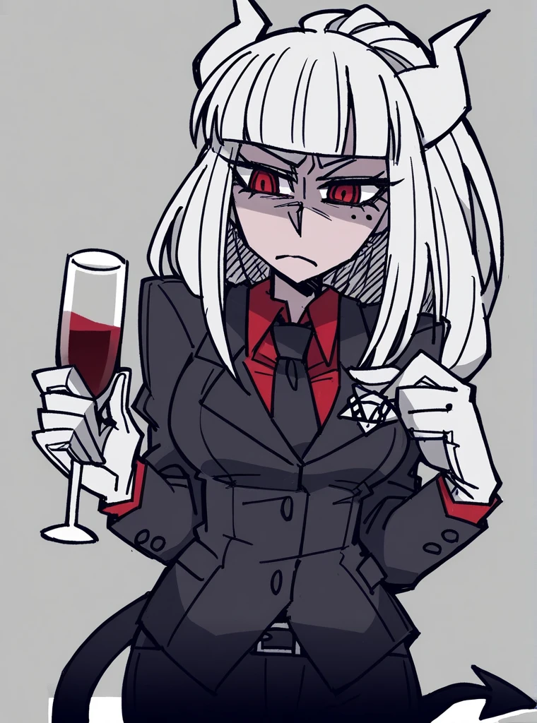 <lora:XL_Helltaker-000008:1>,Helltaker style,lucifer (helltaker),1girl,solo,shirt,horns,red shirt,red eyes,mole under eye,mole,black necktie,long hair,jacket,gloves,drinking glass,necktie,tail,demon tail,black jacket,black pants,cup,transparent background,demon girl,white gloves,bangs,wine glass,holding,formal,collared shirt,white hair,pants,suit,breasts,long sleeves,blunt bangs,closed mouth,demon horns,wine,alcohol,holding cup,cowboy shot,white horns,standing,medium breasts,, masterpiece, best quality,