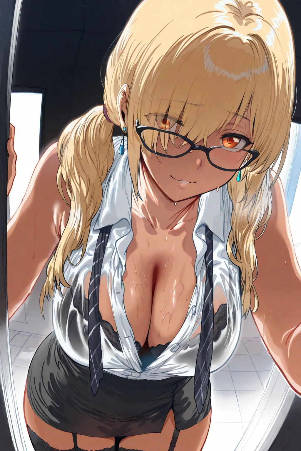 squatting, see through dress, wet dress, sweating, white t-shirt, white short skirt, (luxury livingroom background), Satellizer L. Bridget, takeda hiromitsu style, anime cels style, best quality, high resolution, (huge breasts:1.2), beautiful face, cowboy shot, blushing, smiling, (puple eyes), blonde hair, long hair, blue eye, blue headband, semi rimless eyewear