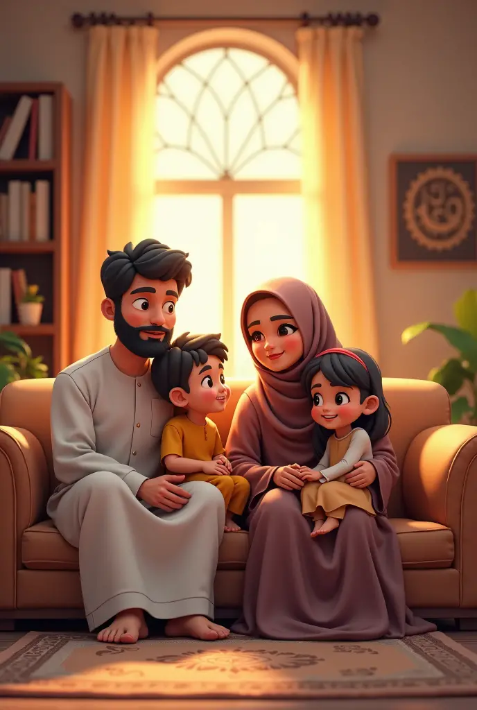 Muslim family, consisting of father, mother wearing hijab, 6 year old son, 3 year old daughter and a snub nose persian cat. Studio photo, 3D. Disney cartoon
