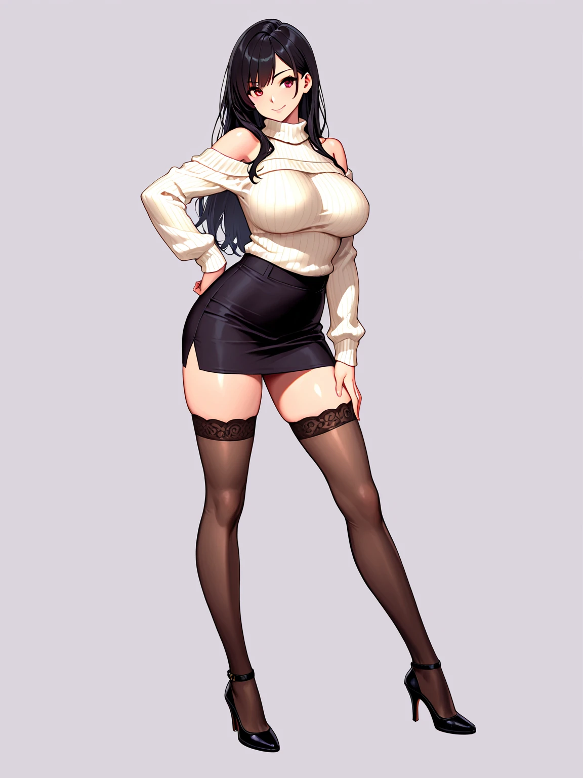 1girl with long black hair with bangs covering one eye, red eyes, big breasts, black sweater, red skirt, thick thighs, black stockings, blush, shy expression, portrait, full body, white background, looking at the camera, from the front