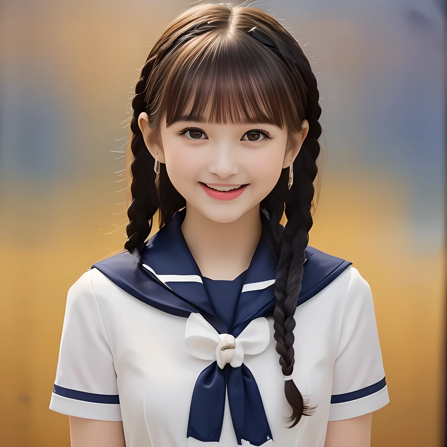 (highest quality, masterpiece, clearly detailed:1.5), highest quality, High resolution, 1080p, 8K, (Too beautiful and Kawaii, infinite kawaii, ((meek & conservative)) ((sweetest and cutest)) ((beautiful girlish and Evolved with grace)), Epitome of maidenly decorum, ((Too much beloved)) noble grown beautiful beautiful girl with detailed, 155cm height, ((svelte silhouette)), Cloistered beauty, lewd mind, giving too much pleasure to my sensitive body's tip covered with beautiful hands and fingers, spoiling me by pleasure with detailed: 1.7), (laughing white face with unreal angelic beauty, overflowing with translucence: 1.8), (Pristine blue uniform, (Neatest (navy colored) sailor-style school uniform, navy sailor collar, shiny-blue sailor scarf, with detailed): 1.8), (Too beautiful dreamy eyes and neatness charm the viewer), (Giggling cohort background with many white lovely marks, clearly detailed foreground, with most beautifully detailed: 1.9), ((purity and neatness of pristine uniform is very impressing): 1.8), (focus on her internal mind: 1.9), (Beautiful brown eyes), (shiny black soft twin-braids styled hair ((in accordance with school rigid regulations)), bangs trimmed carefully, neat tight braids of school style: 2.0), (her very fluttering high-tone voice tell me to give her everything like too sweet aphrodisiac trembles me: 1.4), (I can't stop discharging and draining my every liquid to her by the beauty and pleasure, she enjoys about it and improves it: 2.0)