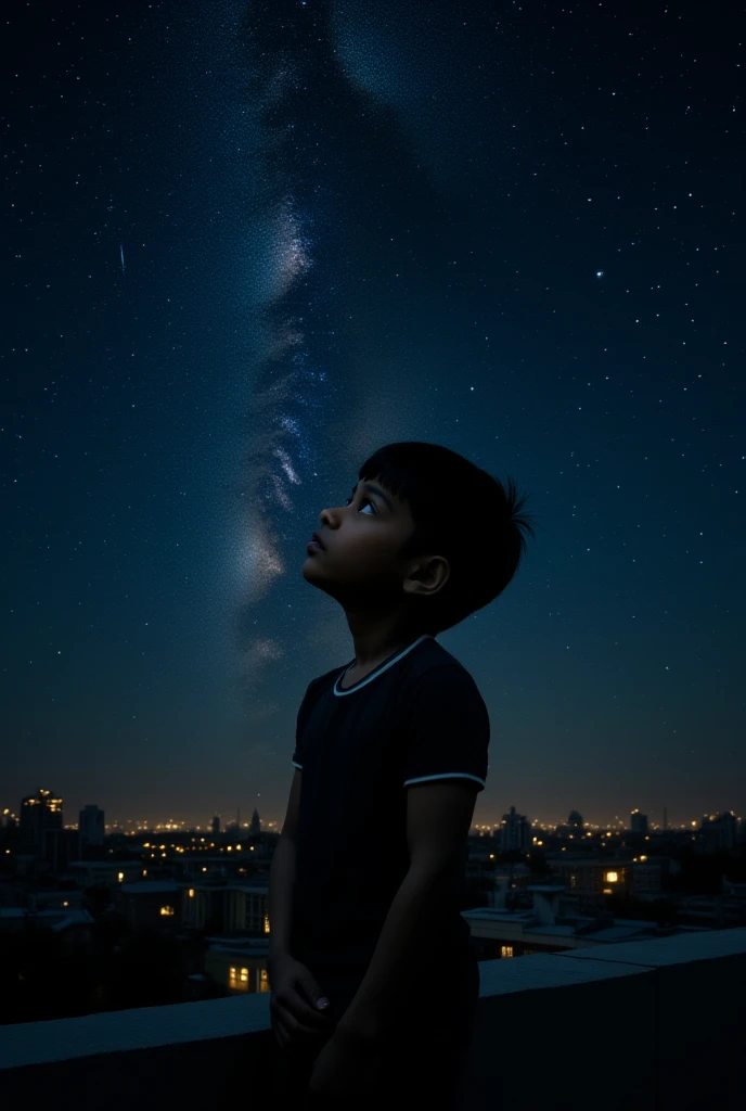 Perched upon a wispy cloud, a young boy gazes in awe at the breathtaking expanse above. The night sky comes alive with a sea of stars, twinkling like diamonds scattered across a velvet canvas. Cosmic phenomenons swirl and dance, painting streaks of vibrant colors across the vastness of space. With his hair gently tousled by the celestial breeze, the boy's silhouette stands as a witness to the beauty of the comic colurfull universe. Serene and filled with wonder, he becomes a part of this cosmic symphony, he presence illuminating the infinite possibilities that lie beyond the clouds in a cosmic colourful sky back left corner view