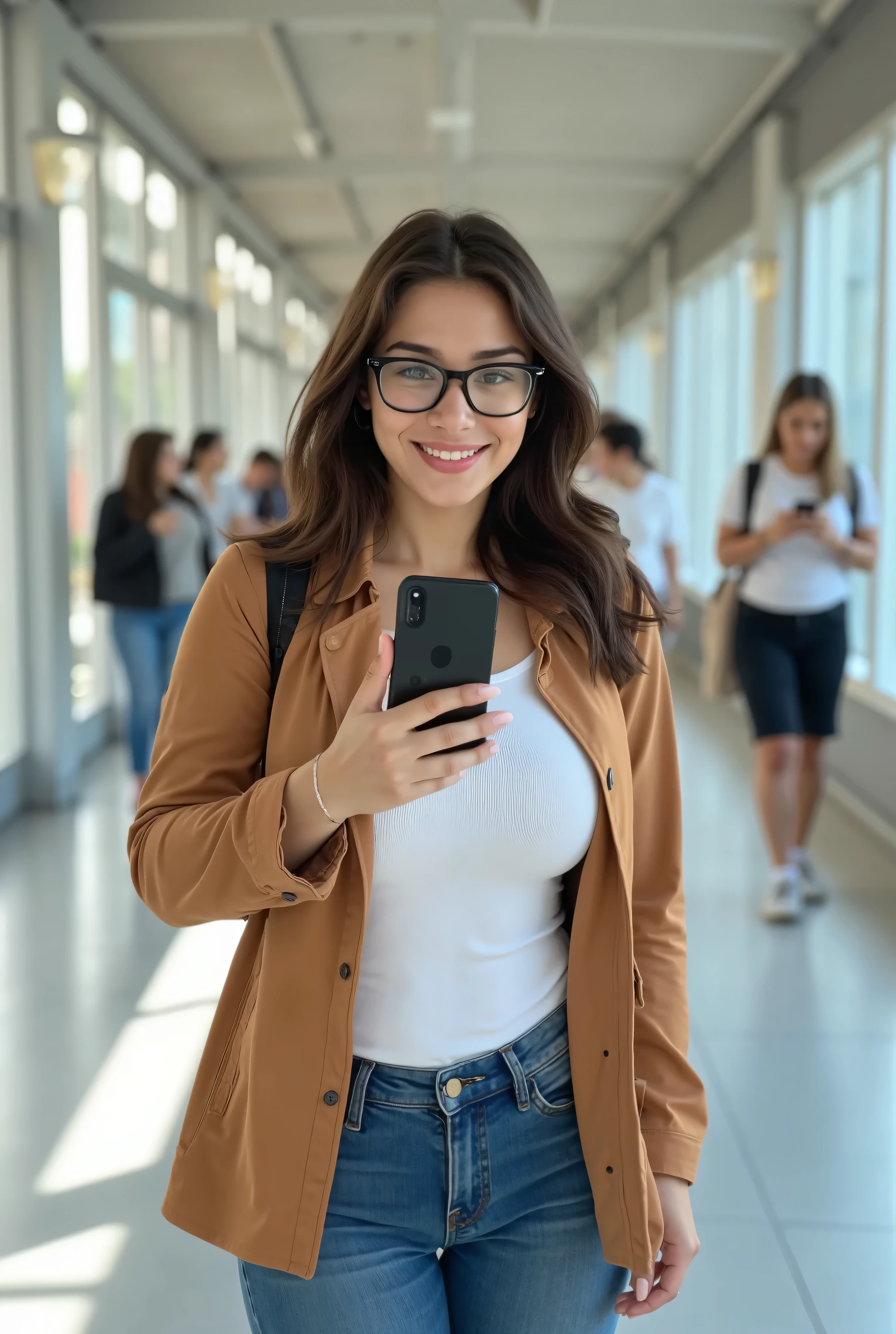 A Brazilian young woman, 18 years old, slim build, medium-length wavy brunette hair, light brown skin, wearing stylish black-framed glasses. She is walking through a bright university corridor with large windows and modern architecture. She wears a light brown casual jacket over a white shirt, just like in a previous classroom setting. She is holding a smartphone in front of her, as if taking a selfie, smiling slightly and looking at the phone. Her other hand is relaxed by her side or swinging naturally. The corridor is clean and well-lit with a few students walking or standing in the background, slightly out of focus. Realistic photo style, natural lighting, casual college atmosphere, daytime,  professional, 4k, Highly detailed dynamic lighting, photorealistic, 8K, raw, rico, intricate details , desnuda, 