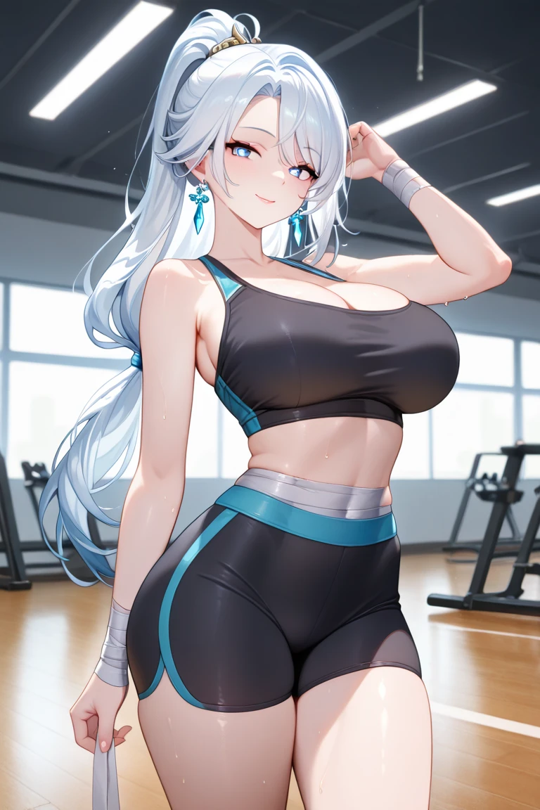 Cutesexyrobutts style, 1girl, tomoe_gozen_(fate), breasts, solo, sports_bra, mouth_hold, long_hair, armpits, tying_hair, red_eyes, navel, looking_at_viewer, grey_hair, ponytail, arms_up, collarbone, large_breasts, hair_between_eyes, blush, black_shorts, ribbon, midriff, red_ribbon, bike_shorts, bangs, shorts, blurry_background, blurry, bare_shoulders, bra
