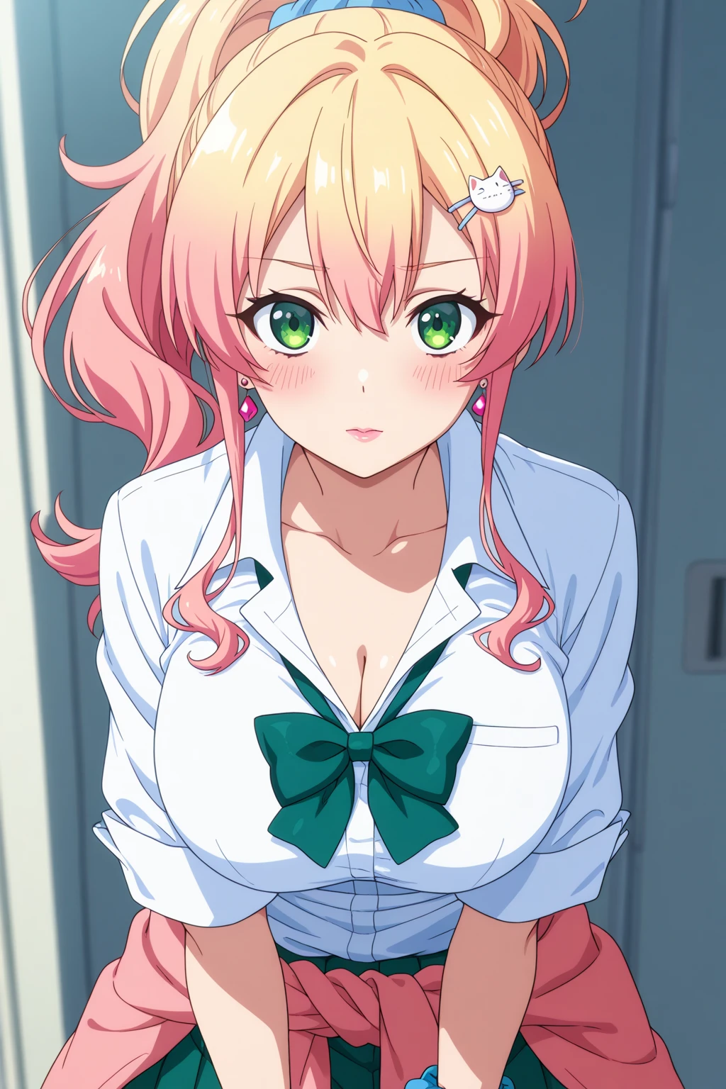 Permanently installed,White,(((She lifted her shirt, Reveal under her bra))).
花媪ªé¸é‡Œ,1 girl,alone,hair flower,pink hair,hair accessories,Bangs,hair between eyes,green eyes,bright瞳孔,hair intake,short hair,side lock,White的花,
Uniforms,collared shirt,red belt,neck strap,white shirt,purple jacket,big breasts,shirt,long sleeves,pleated skirt,mini skirt,Purple skirt,Thick thighs,, Beautiful visual effects, HD,masterpiece,the best quality,, 18 years old,young women,beautiful fingers,beautiful长腿,beautiful身体,beautiful鼻子,beautiful角色设计, perfect eyes, perfect Face,expressive eyes,
looking at the audience,
official art,Extremely detailed CG unified 8k wallpaper, perfect lighting,rich and colorful, bright_front_Face_light,skin shiny,
(masterpiece:1.0),(the best_quality:1.0), 超high resolution,4k,Super detailed,
photography, 8k, high dynamic range, high resolution, Ridiculous:1.2, Kodak Portrait 400, film grain, blurred background, Bokeh:1.2, lens flare, (Energetic_color:1.2), (beautiful_Face:1.5),(narrow_waist), ,NSFW,