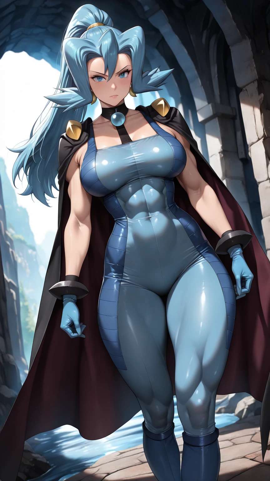Generate an illustration of a mature Clair, gym leader of pokemon,  ponytail, holding a poke all,  de terno preto, long hair, hair flows straight down, darkblue hair, (gigantic breasts:1.4), blue outfit in anime format with a serious style, (black cape), blue tights, blue boots, gothic make up, masterpiece, ((dark lighting)), black background, puffy lips,slendered abs, beautiful face,
