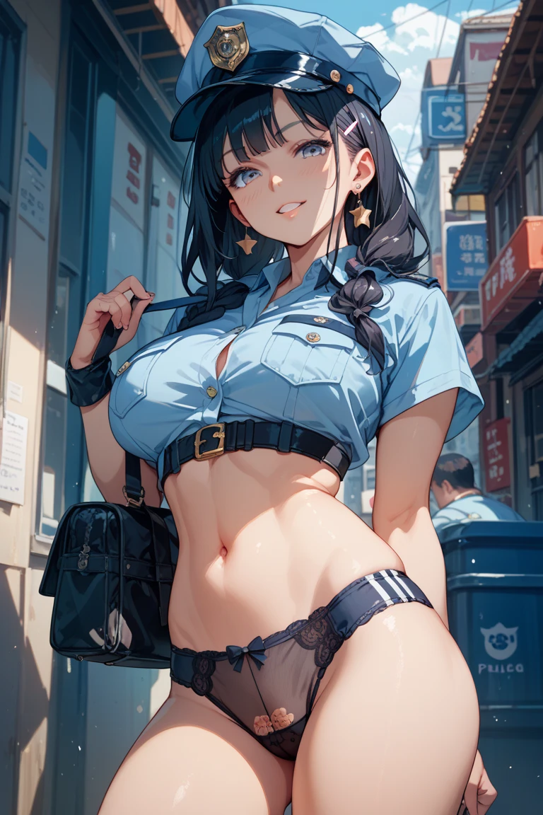 (higher resolution, distinct_image) The best quality, a woman, masterpiece, highly detailed, semi realistic, 26 years old, beautiful, young, handsome, interlaced white blue dress, small gem necklace on neck, exterior, cafe seat, window, sitting, afternoon, blush, smiling,ubel,dark green hair,long hair,side ponytail,hair between eyes,bangs, BREAK (beret, black jacket, open clothes, cleavage, midriff, black shorts, black thighhighs, thigh strap, fingerless gloves, single glove:1.2), Photo,sharpness, F1.6 lens,hyper-realistic textures,spectacular light textures, Cinestil 800 Fashion Mechanics,(((Beautiful woman with left leg restrained and hung by chains))),Appearance,Beautiful girl with accentuated slender abs: 1.1,six-pack abs: 1.1, Bust Botox,Standing on tiptoe, long legs,Long brown hair fluttering in the wind,Brown hair, Long hair, Female Warrior Costume,(No panties,No bra),(tacticul battle fashion,elbow and knee cyberpad, cyberglove: 1.1),((beautiful costume)),The belly comes out and the navel is visible,Thin sheer costume, combat gloves,shredded costumes,cyber long combat boots with golden knee pads,Anatomical,(futuristic sci-fi battle fashion, new elbow and knee cyberpads, new cyberlong boots, new cybergloves: 1.1),((straddling the gundom shields and battle rifel)),(tied perfectly by iron chain), Restraint, Slave, collars, contempt, (Chained), 4 chains hung from heaven, Metallic shackles and fetters, wet crotch clearly visible,((Hands are restrained above the head)), the neck is chained,Chain from left knee to heaven,Chained by rusty iron chains,((the tip is protruding, areolas protruding,The shape of the pubic area is clearly visible)),Sweating,Wet,Wet crotch,Wet thighs,bloods,Junkyard, Realistic, (cute, perfect clothes, skimpy clothes, cute: 1.3) ,Vast prison,((wide hospital with sunlight)), peeling ceilings, Rebar between, Realistic material details, Extreme details, Ultra-realistic materials,narrow waist,(with sparkling eyes and a contagious smile),looking