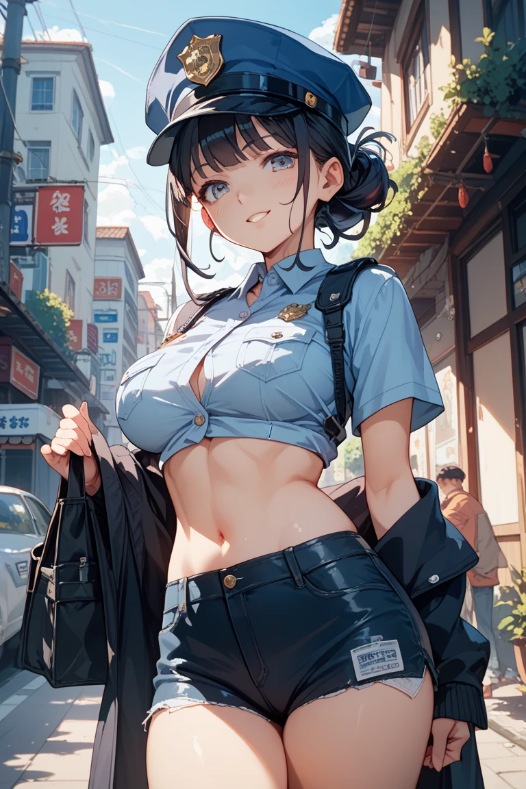 ankha, anime style, catgirl, cat ears, yellow fur, blue hair, shorts hair, wide hips, thick thighs, huge round ass, medium breast, business suit, formal suit, white shirt, long sleeve black formal suit, black necktie, black strict trouser, secretary pose, city, absurdres, high res, ultrasharp, 8K, masterpiece, looking at viewer