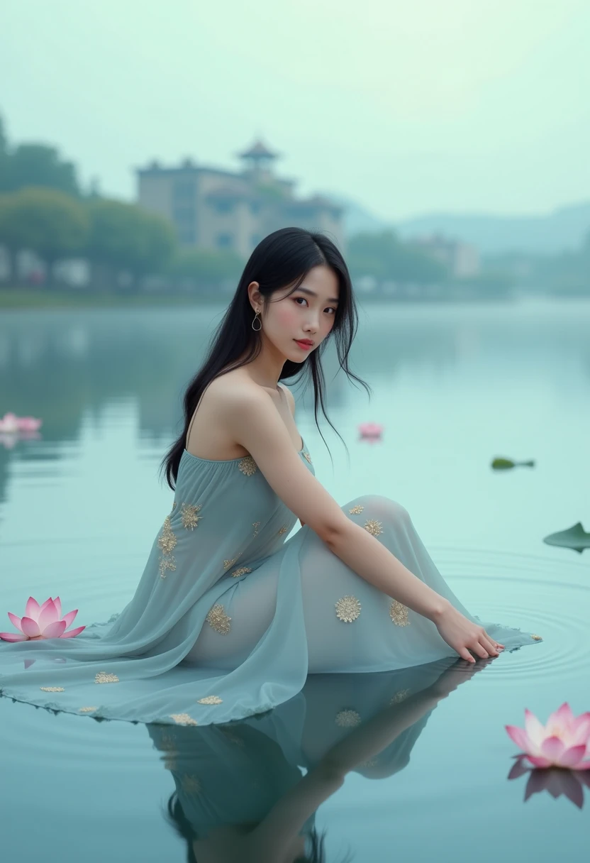 There is a blue dress, 16 long legs, Woman sitting on a rock in the water, Standing gracefully on a lotus flower, Heavenly Beauty, Wearing a blue Chinese dress, court, Girl in Hanfu, Wearing a blue Chinese dress, Summer is full of fairies, In the pond, White Hanfu, A surprisingly young and mysterious person, loose fitting dress, Light blue, Hair behind the ear