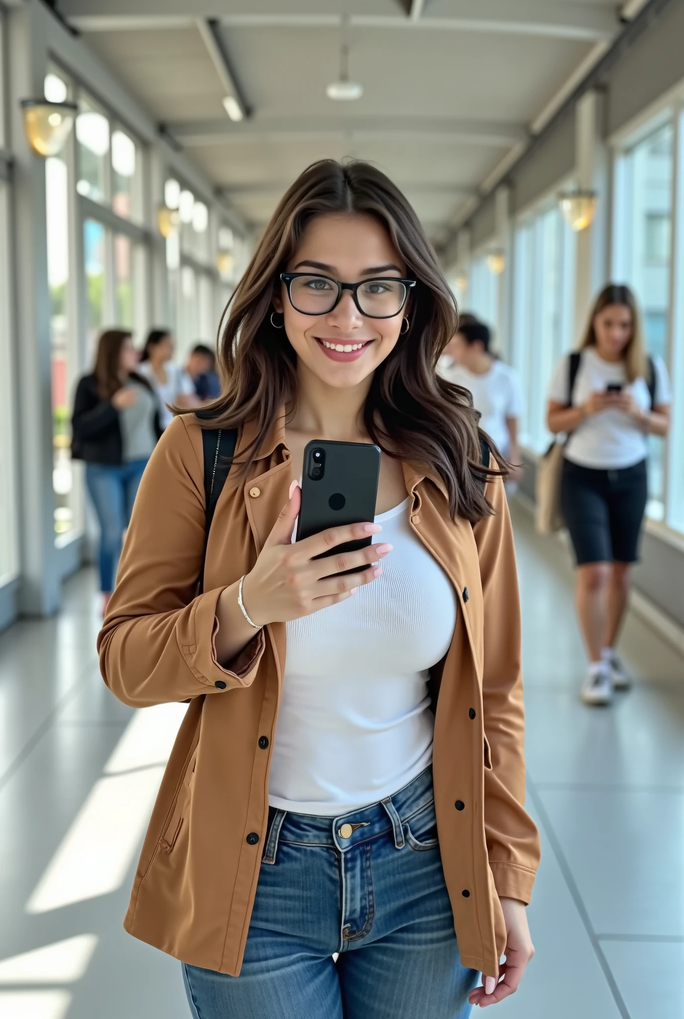 A Brazilian young woman, 18 years old, slim build, medium-length wavy brunette hair, light brown skin, wearing stylish black-framed glasses. She is walking through a bright university corridor with large windows and modern architecture. She wears a light brown casual jacket over a white shirt, just like in a previous classroom setting. She is holding a smartphone in front of her, as if taking a selfie, smiling slightly and looking at the phone. Her other hand is relaxed by her side or swinging naturally. The corridor is clean and well-lit with a few students walking or standing in the background, slightly out of focus. Realistic photo style, natural lighting, casual college atmosphere, daytime,  professional, 4k, Highly detailed dynamic lighting, photorealistic, 8K, raw, rico, intricate details , desnuda, 