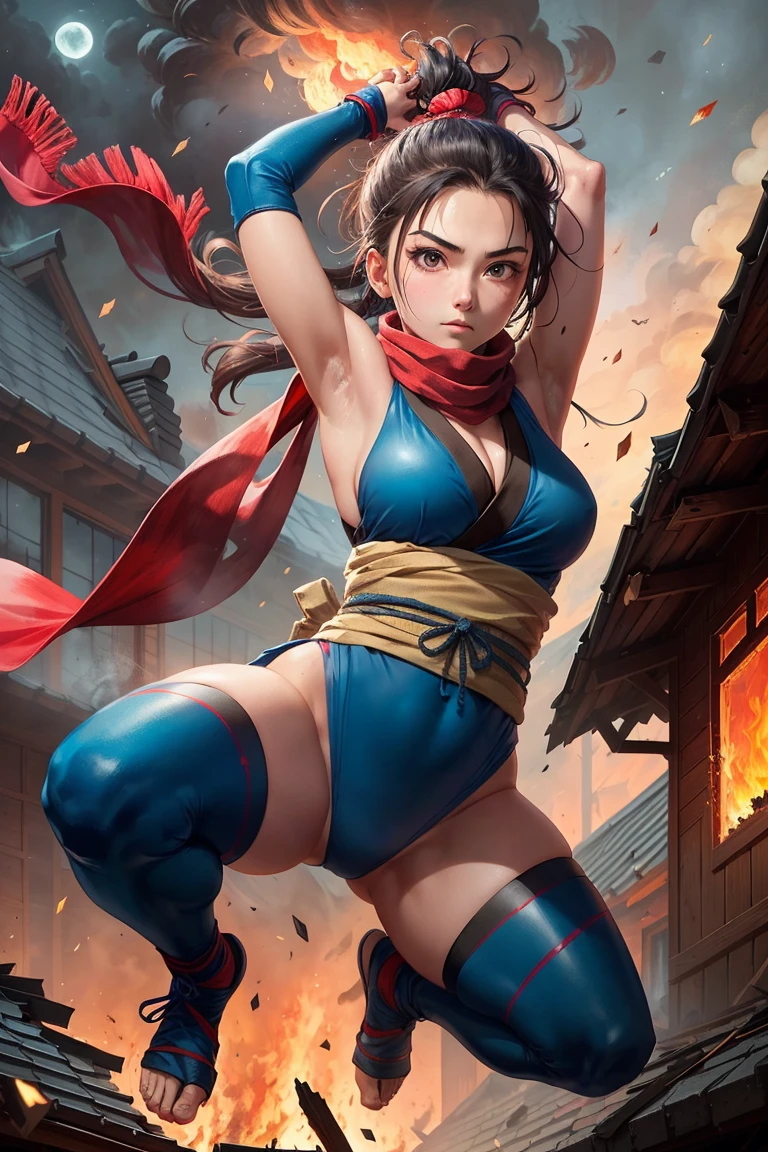 (Muscular:2.4), (thick thighs:2.4), 
(japanese female, pale skin, black hair:1.5), (adult), beauty mark,
(earrings, eyeshadow, lipstick:1.3), 
detailed eyes, (big smile:1.7), detailed skin, (long ponytail, blunt bangs:1.5),
(small breasts:2.5), (hard nipples),
(long scarf, skintight navyblue romper, utility belt, fingerless gloves, cleavage:2.2),
(upper body view:1.5), (looking at viewer), (three quarter view:1.5),
(abandoned japanese village), (nighttime), rim lighting, two tone lighting, dimly lit, bokeh