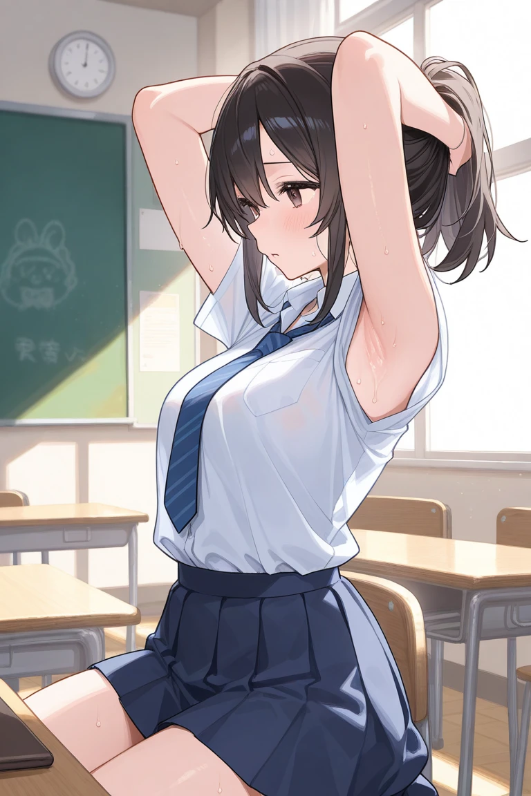 kobenihigashiyama, kobeni higashiyama, black hair, hair ornament, hairclip, mole, mole under eye, ponytail, short hair, (brown eyes:1.5), (small breast:1.2),
BREAK black necktie, black pants, business suit, formal, long sleeves, necktie, pants, suit,
BREAK looking at viewer,
BREAK indoors, classroom,
BREAK (masterpiece:1.2), best quality, high resolution, unity 8k wallpaper, (illustration:0.8), (beautiful detailed eyes:1.6), extremely detailed face, perfect lighting, extremely detailed CG, (perfect hands, perfect anatomy), ((sleeveless)), ((armpits))