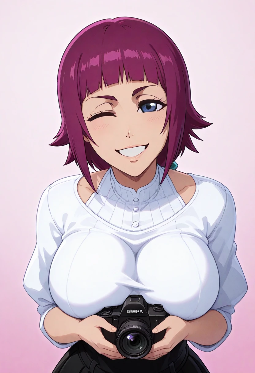 Purple eyes, (Highest quality, Masterpiece Painting:1.3), oboro, Mature Woman, 26yo, (Half Body Shot:1.3), , , (Happy, smile, Thoughtful expression:1.5), Purple Hair, short hair, Layered bob hair, (Large Breasts:1.2), (Tight waist:1.1), Cleavage, Perfect body, (An athletic body:1.1), Soft Skin, Anime Face, Perfect Face, (Perfect Eyes:1.3), Glowing Eyes, Purple Iris, Anime Eyes, Smoky Eyeliner, eye shadow, Asian, View your viewers, Smart, Whiteboard Background, classroom, Sharp focus, Intricate details, Professional artwork, (Vibrant colors:1.1), Vibrant colors, Diffuse lighting, Digital Blending, Super-detailed body, Super detailed hair, Super detailed face, Topics on pixiv, The top button is open,