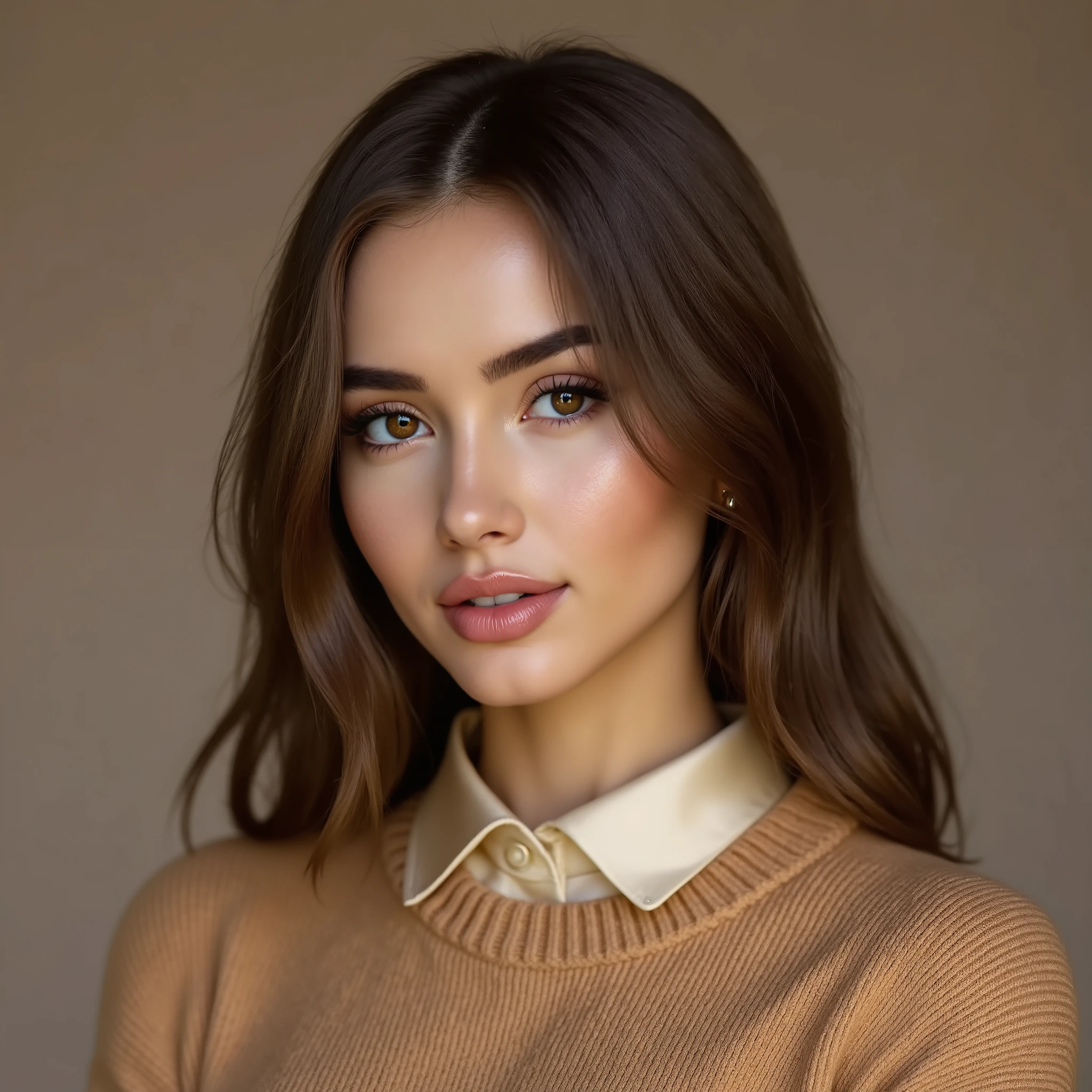 arafed woman with straight hair wearing a collared satin blouse under a crewneck sweater, warm smile, gorgeous eyes