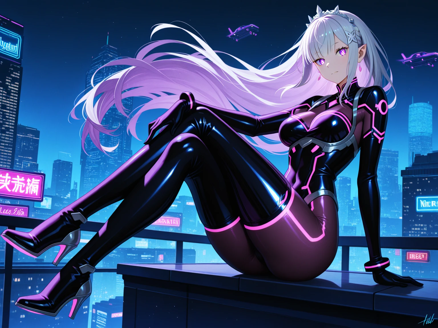 The image presents a captivating and alluring female character in a futuristic, sci-fi setting. She has long, flowing lavender hair styled in seductive twin ponytails, which adds to her enticing look. Her high-tech armor is sleek and form-fitting, crafted from glossy black and metallic materials, and adorned with vibrant pink and red glowing elements. The armor is designed to emphasize her curves, particularly showcasing her cleavage with an open design that draws attention. Her legs are also highlighted by the armor, which reveals parts of her thighs, adding to her provocative appearance. The intricate designs and glowing accents enhance her seductive and powerful presence. The background suggests a high-tech environment, possibly a futuristic city or space station, with cool, ambient lighting and metallic structures that complement her striking and provocative allure. Her expression is confident and inviting, enhancing her enigmatic and sensual appeal.
make it look like a strong character with sword