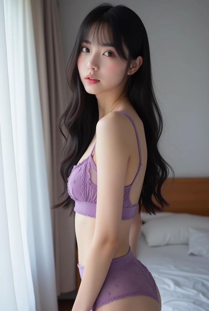 ((top-quality、16 K、masterpiece:1.3))、1Beautifulwoman:1.3、(mideum breasts:1.1、Slender Abs:1.2)、(Long dark brown hair)、(Ultra Detailed Face and Skin Texture、A detailed eye、二重まぶた、Detailed eyes)、(Purple Lace Bikini:1.2)、(Get on your knees)、(a bed)、Crisp focus:1.1、full body Esbian、35mm lens、Rear view,