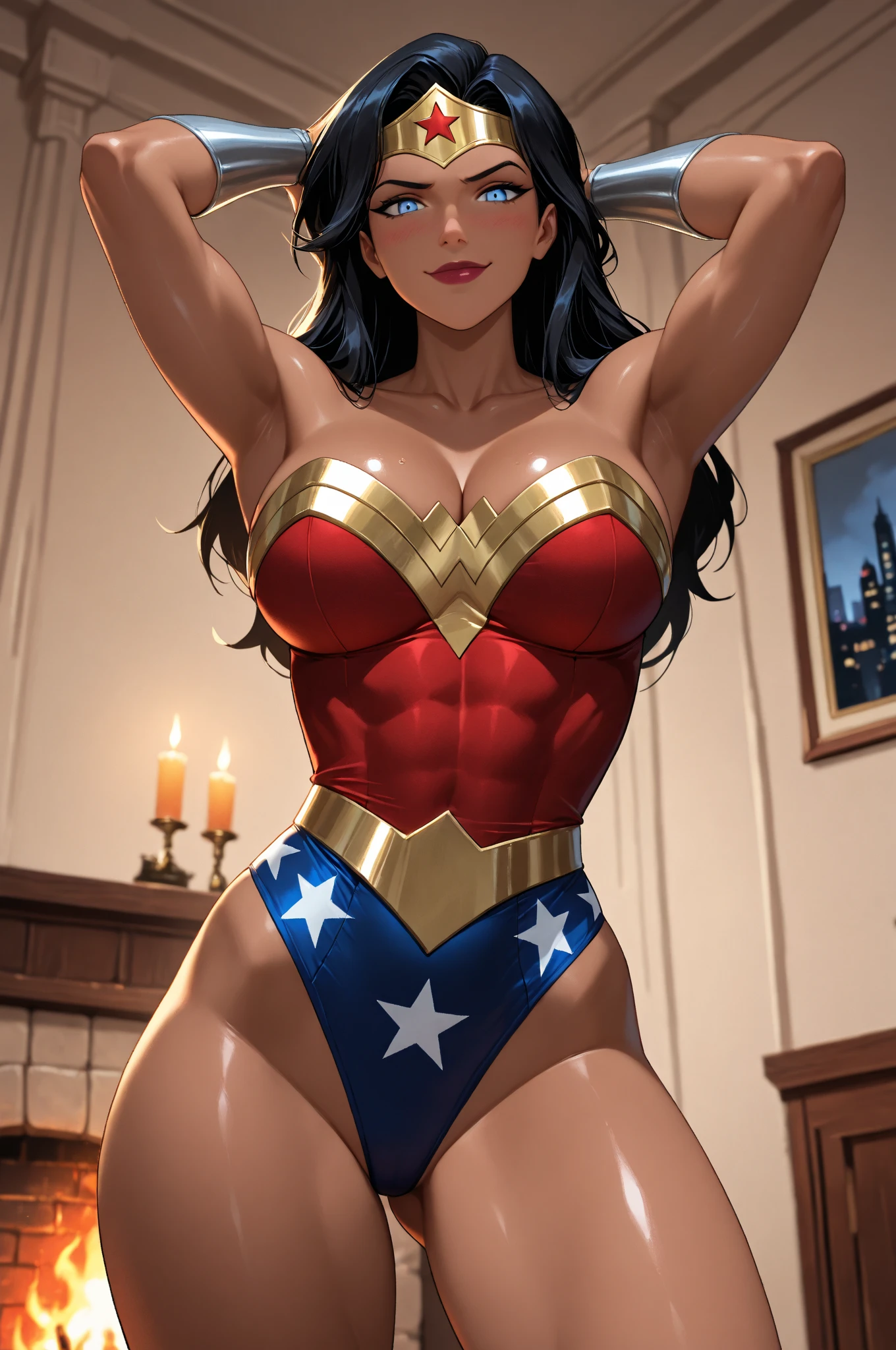 Art Station Original、masterpiece, best qualtiy, Ultra-detailed, masterpiece, Best Quality, high resolution, 1girl, A Wonder Woman , (intricate detail, makeups), (detailed beautiful delicate face, fine beautiful delicate eyes, a face of perfect proportion), (Glossy skin: 1.0), fine detailed skin, strong and realistic blue eyes, realistic black hair, lip, makeups, natural skin texture, tiara, red and gold bustier, blue leotard with white stars, silver bracelets, (Red knee high boots:1.2), golden belt, (Wonder Woman clothing:1.0), bare shoulder, ((light tan skin: 1.4)), mature, Seductive smile, cleavage, Long leg, curved, (gigantic breasts: 1.3), rib, thin-waist, soft waist, (fine detailed skin), (beautiful and sexy woman), (swollen lips: 0.9), (eyes lashes: 1.2), very delicate muscles, perfect body figure, perfect anatomy, perfect details, perfect fingers, perfect limbs, thigh gaps, (perfect hand: 1),  wavy hair, middle length hair, light blue eyes, gigantic breasts, curvy, cowboy shot